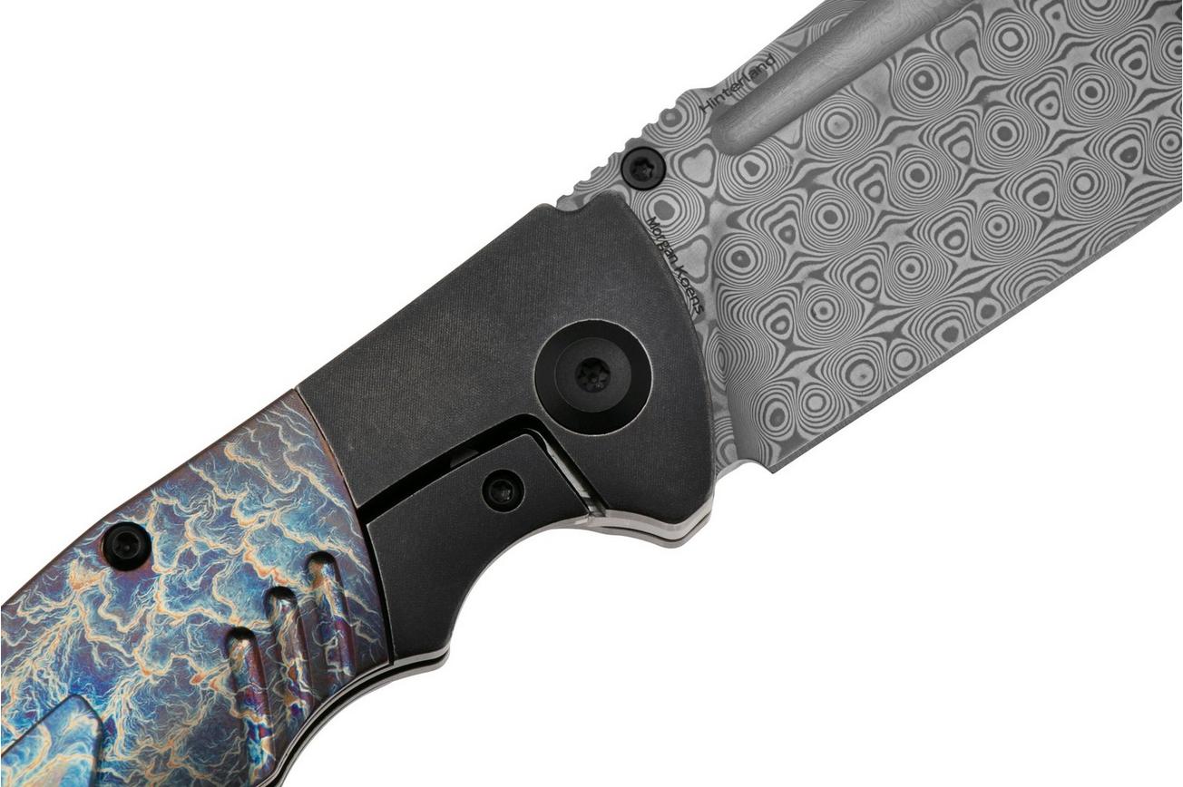 Kansept Hinterland K1057A6 Damascus, Blackwashed Titanium, Lightning Strike Titanium, zakmes, Morgan Koens design