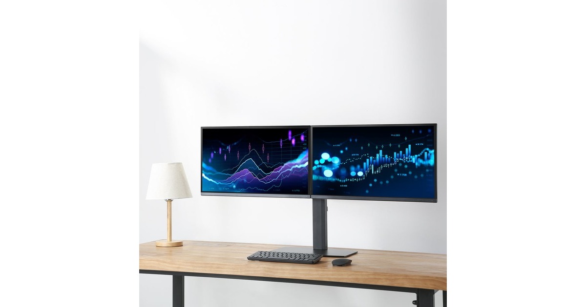 ACT ConnectivityMonitorarm office, op voet met gasveer, crossbar, 2 schermen  (Zwart)