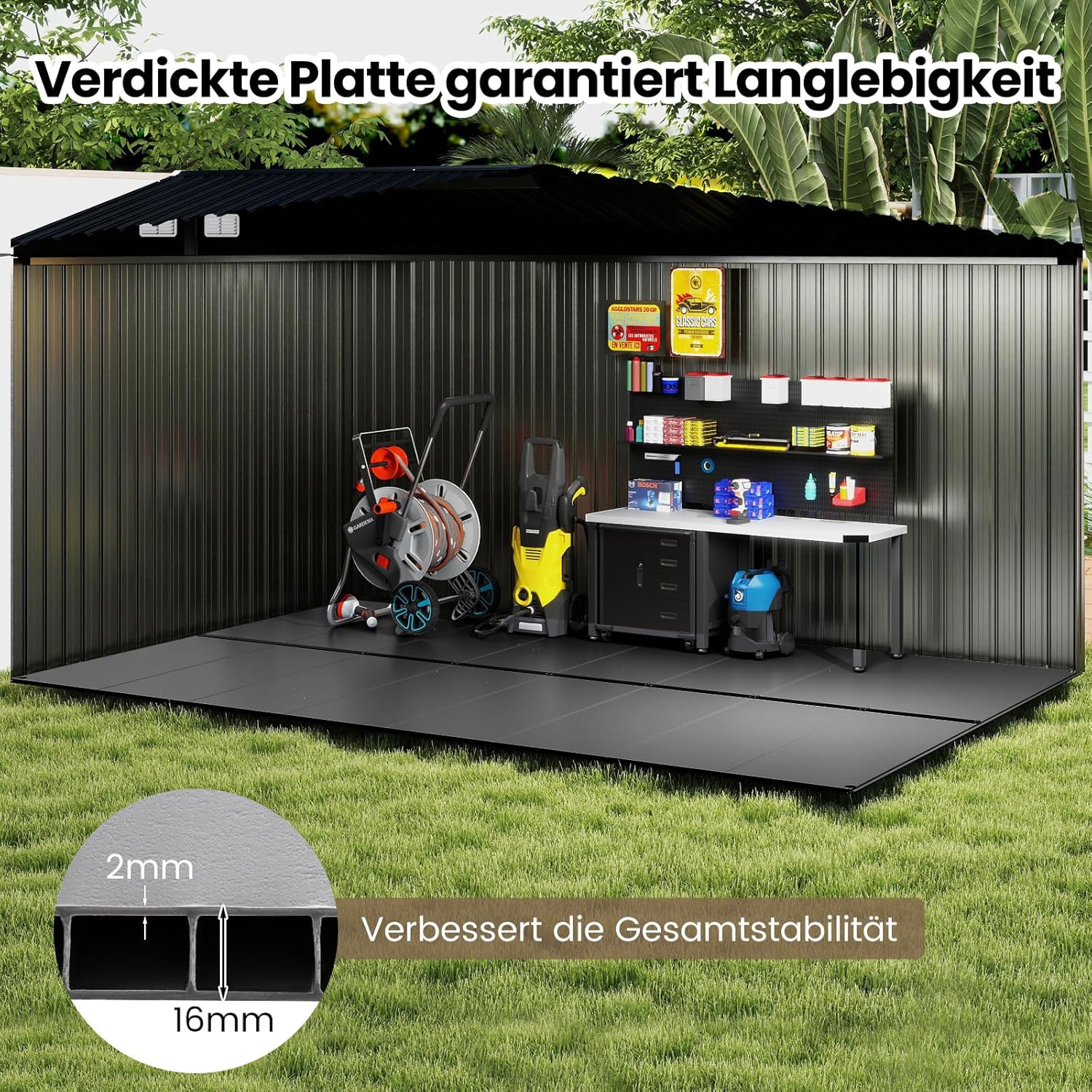 COSTWAY Bodenplatte für Geräteschuppen, 343 x 215 cm Gartenhaus-Fundament mit Rutschfester Oberfläche, verstärkte Streifen, Boden für Gerätehaus