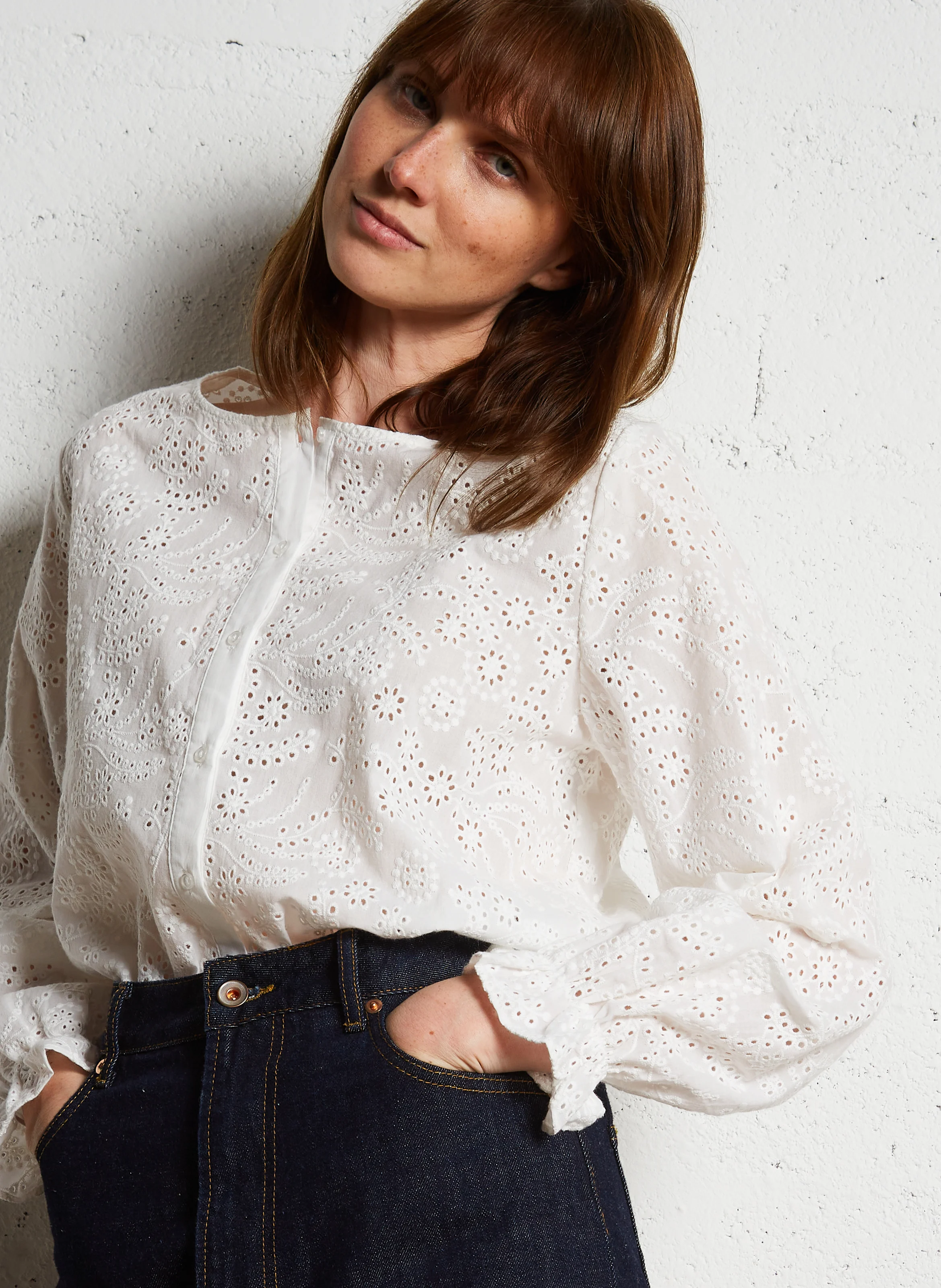 CELIMA - Chemise droite brodée en coton | Blanc