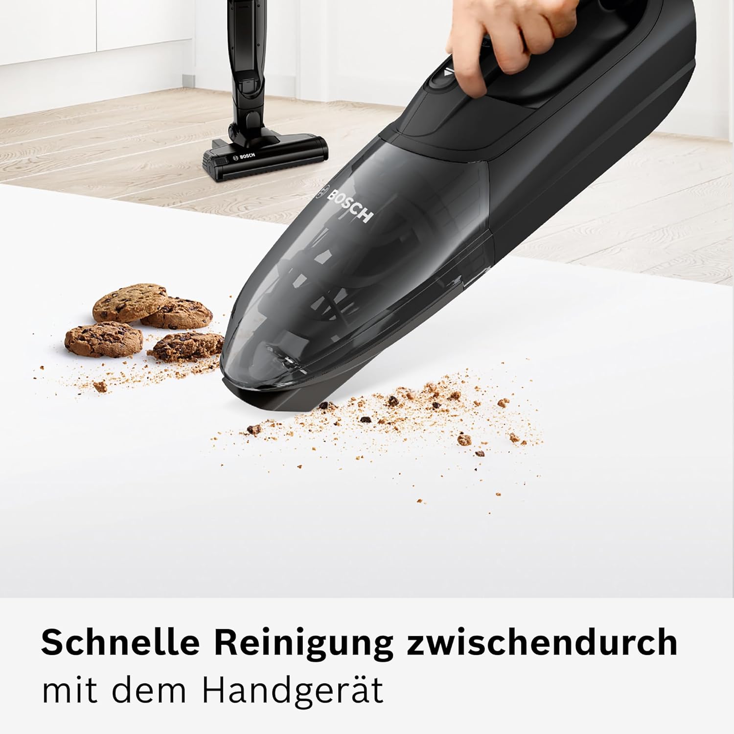 Bosch Akku-Staubsauger Readyy'y 2in1 Serie 2, 20Vmax, kabellos, beutellos, abnehmbares Handgerät, hohe Saugkraft, Lange Laufzeit, 2 Stufen, freistehend, schwarz, BBHF220