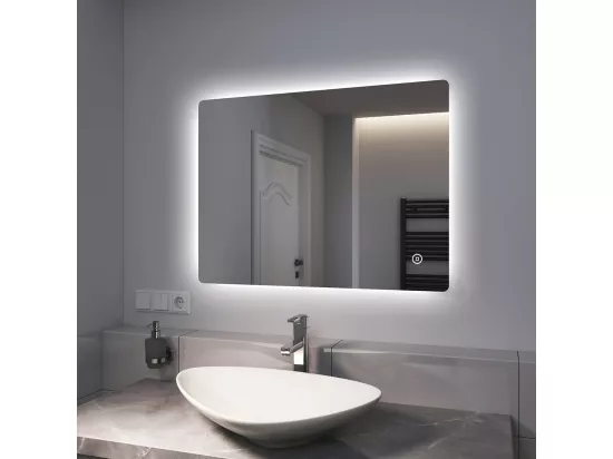 EMKE Miroir lumineux salle de bain Rétro-éclairage 80x60cm, Miroir LED avec Interrupteur Tactile, Anti-buée, Lumière Blanche Froide/Chaude/Neutre