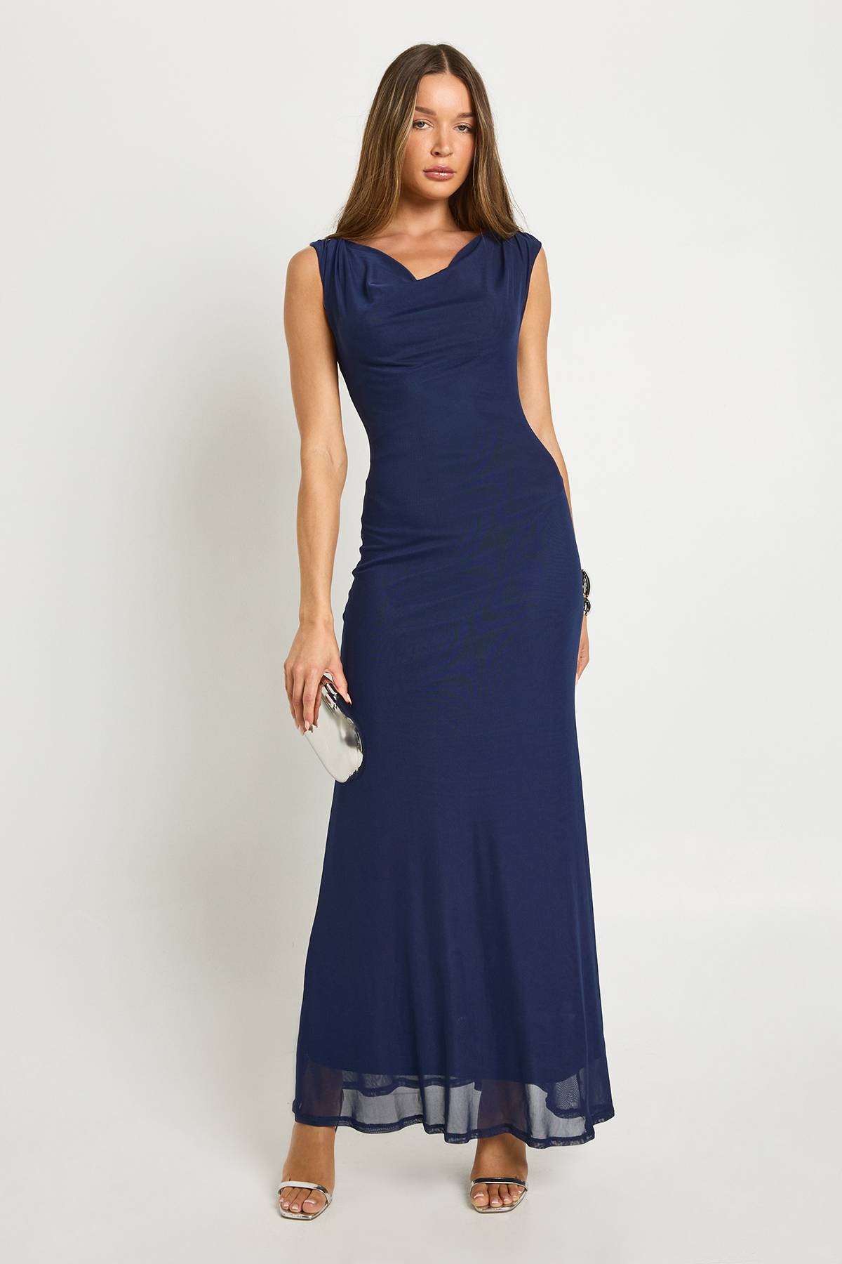 boohoo Robe maxi à col drapé en mesh et coupe colonne