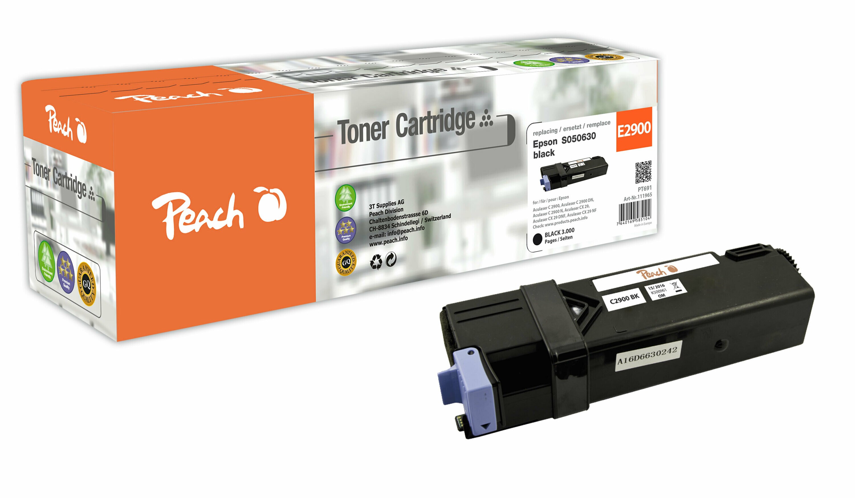 Peach E2900Toner bk ersetzt Epson S050630, C13S050630 für z.B. Epson Aculaser C 2900 DN, Epson Aculaser C 2900 N, Epson Aculaser C 2900 (wiederaufbereitet)
