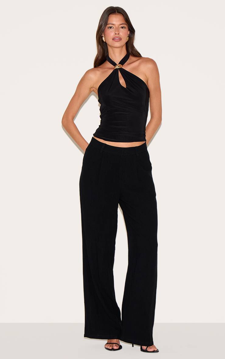 Noir Haut Long À Col Licou Double Couche En Tissu Slinky Avec Finitions Contrastées