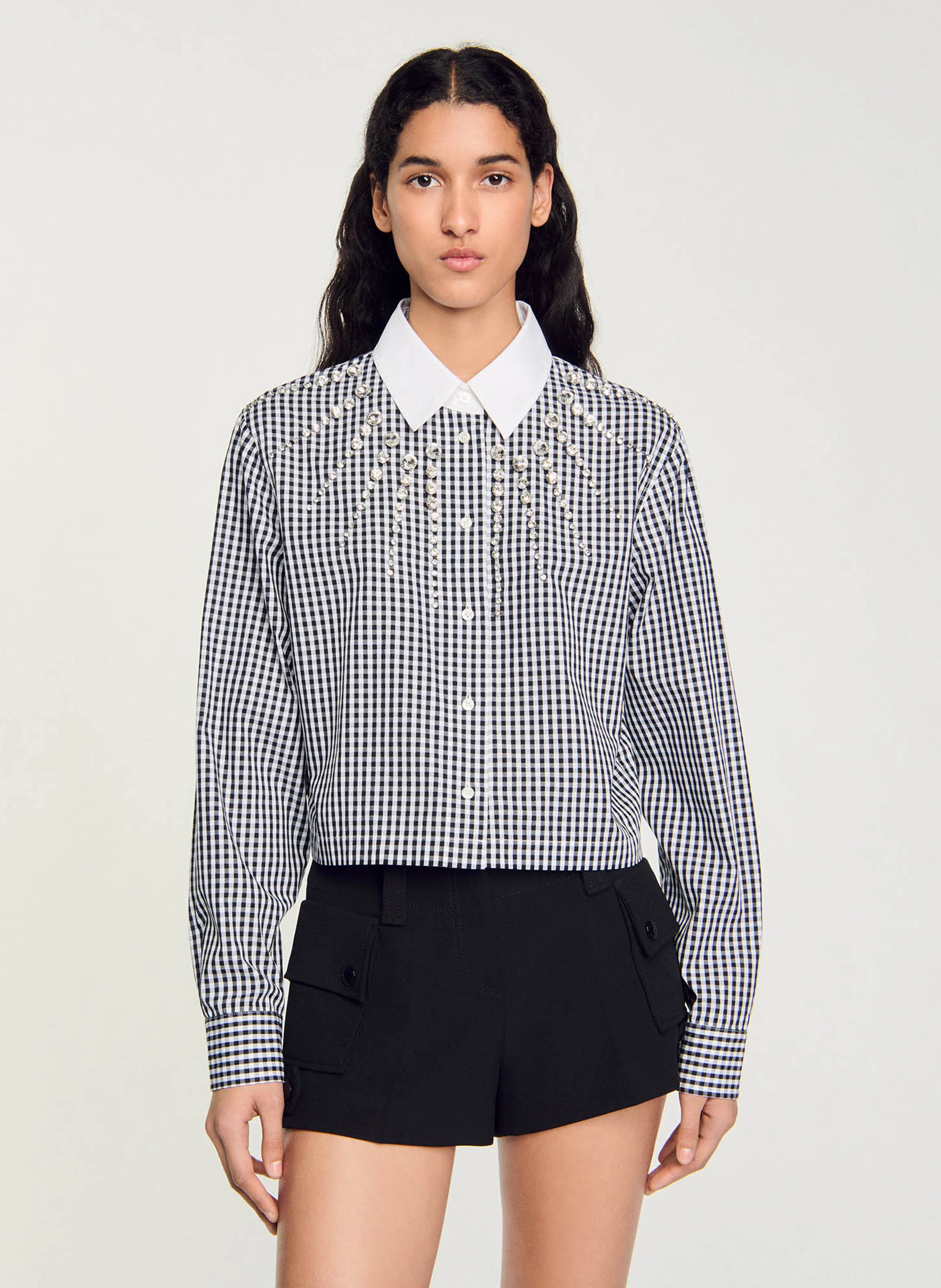 Chemise col classique en coton strass | Noir