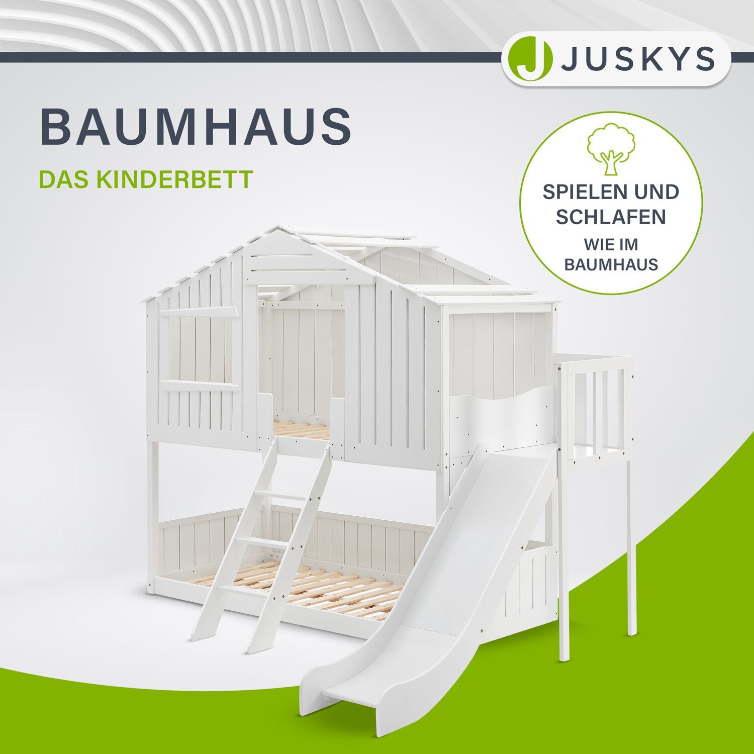 Juskys Kinderbett Baumhaus 90x200 cm Weiß mit Rutsche, Dach & Lattenrost – Hausbett für Kinder