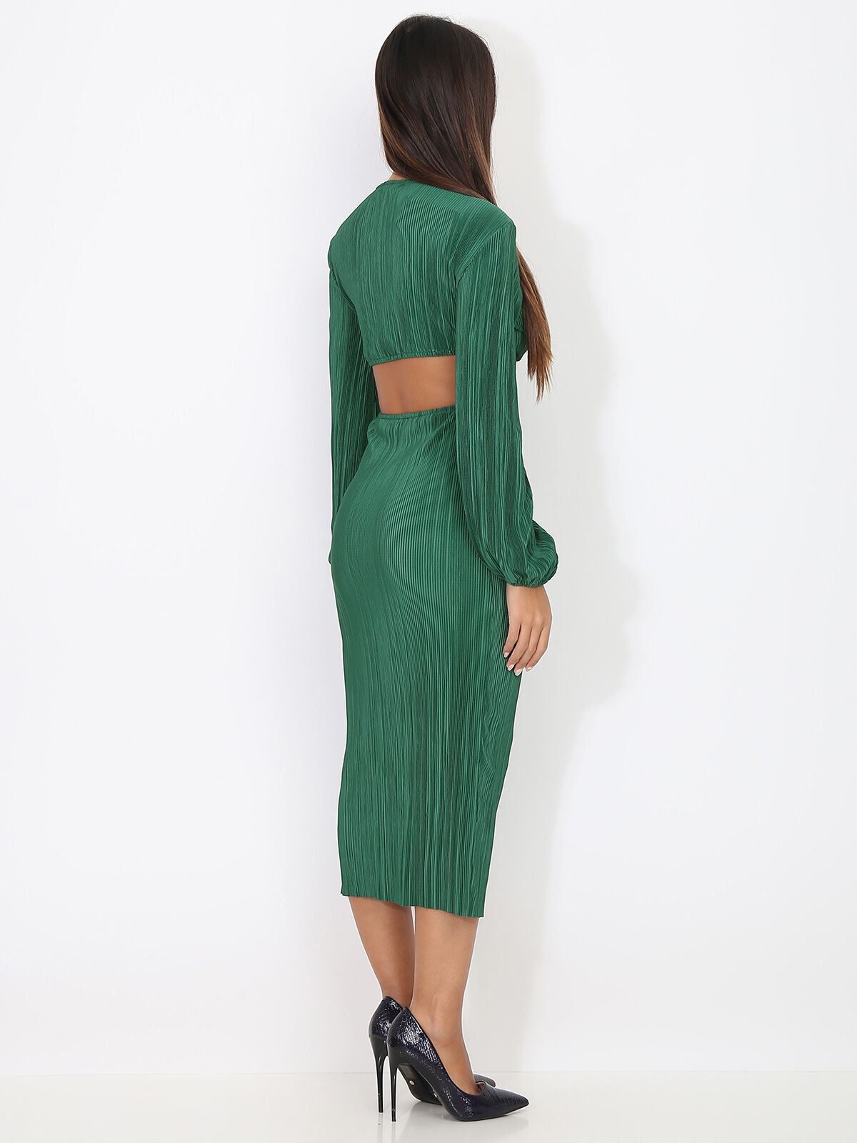 Robe plissée cut-out à anneau doré- Vert foncé