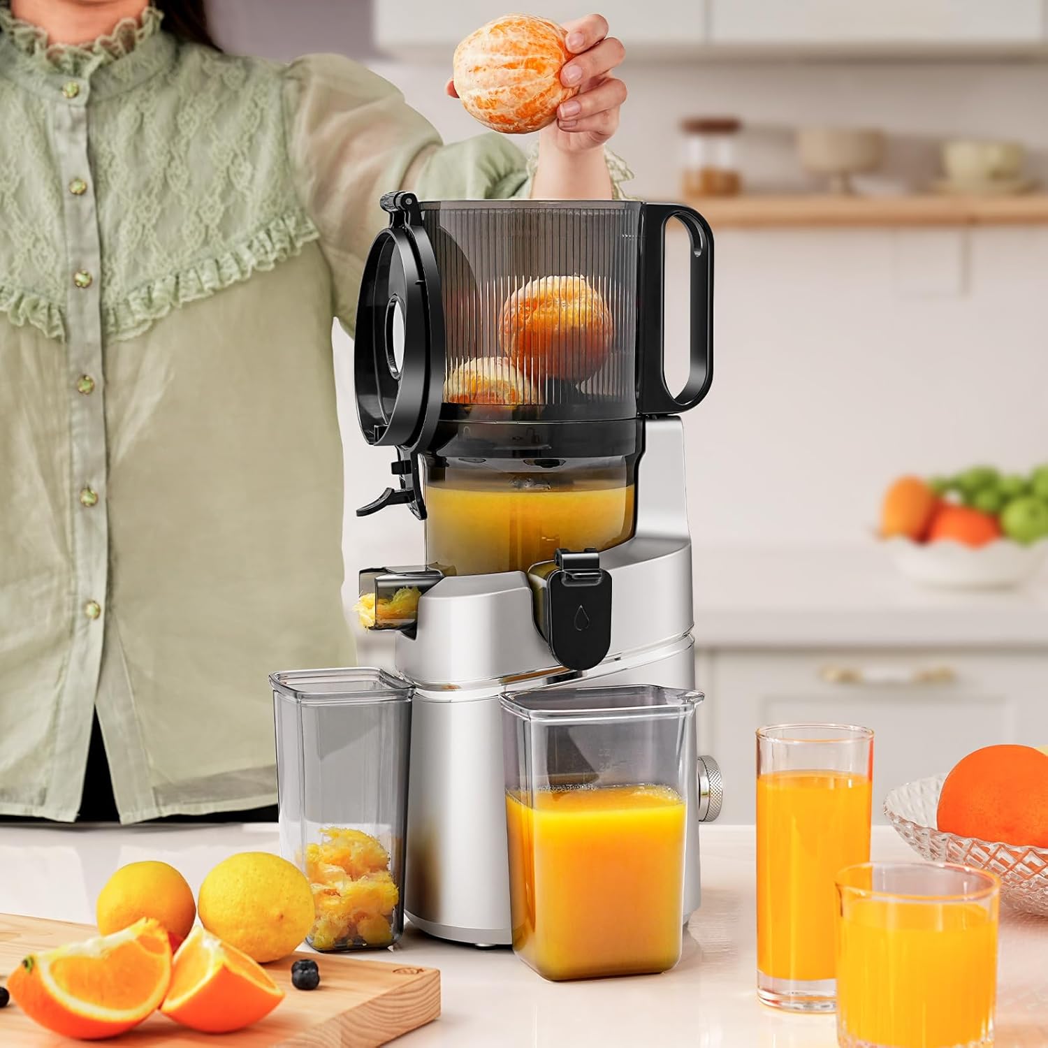 AMZCHEF 250W Automatischer All-In-One entsafter, 145MM Öffnung und 2L entsafter für Gemüse und Obst, Slow Juicer Testsieger mit Dreifachem Filter - Silber