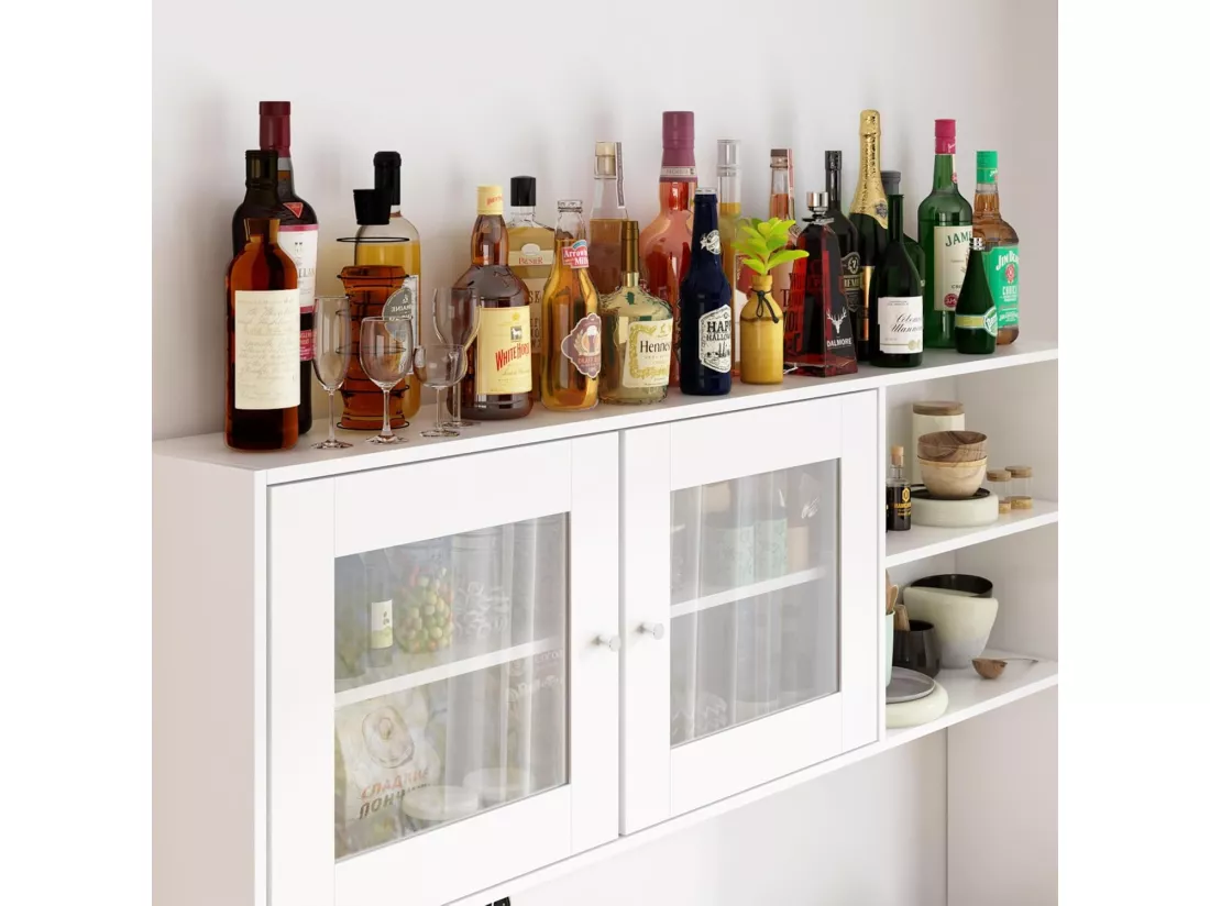 Buffet de cuisine Armoire verre haute Armoire de cuisine Plan de travaille Compartiment ouverts 4 portes 4 Tirois Blanc 160x40x190cm