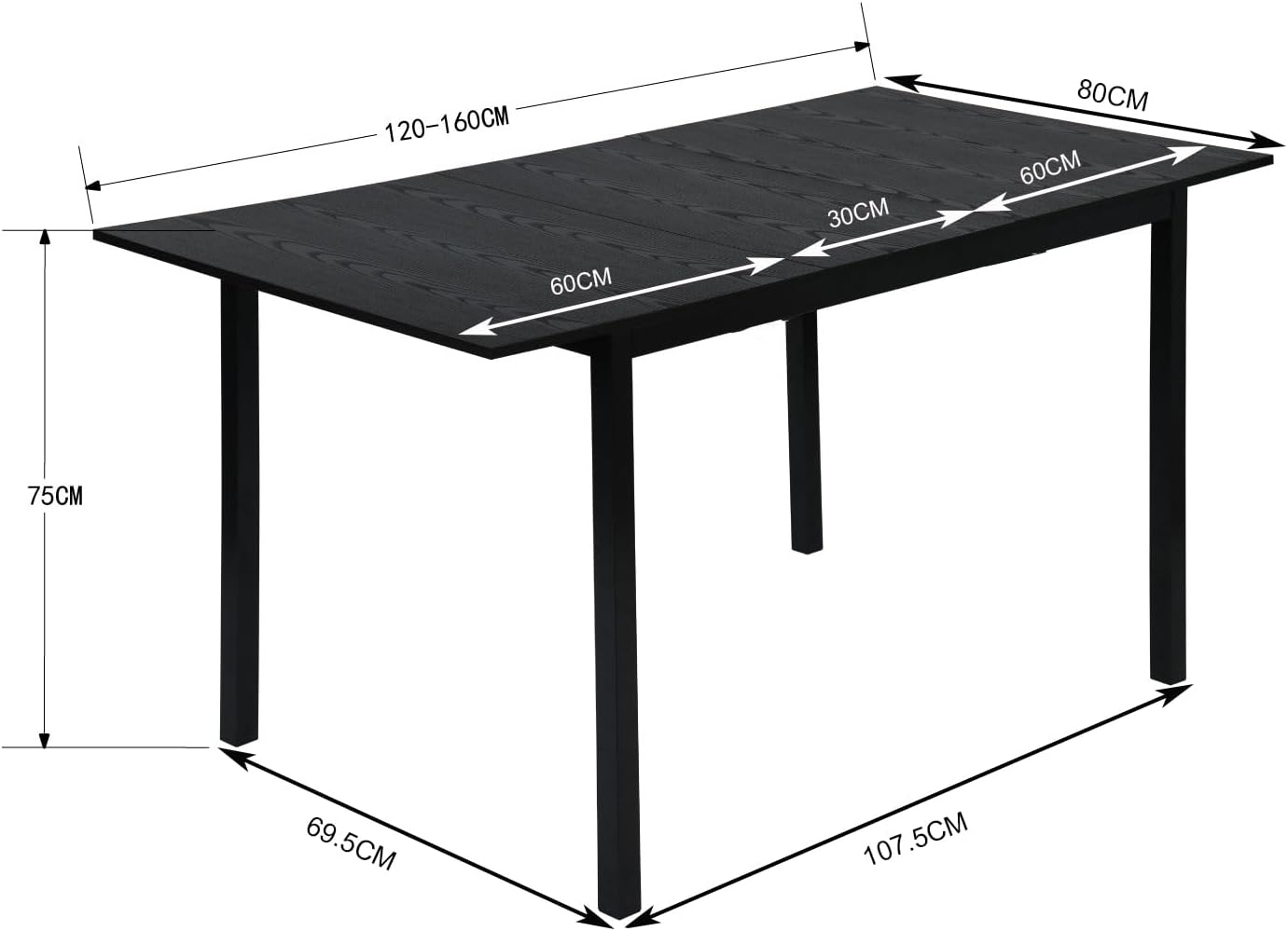 MEUBLE COSY Esstisch Ausziehbar Küchentisch für 4-6 Personen Vintage Industrial Esszimmertisch Metallgestell für Esszimmer, Küche, 120-160x80x75cm, Schwarz