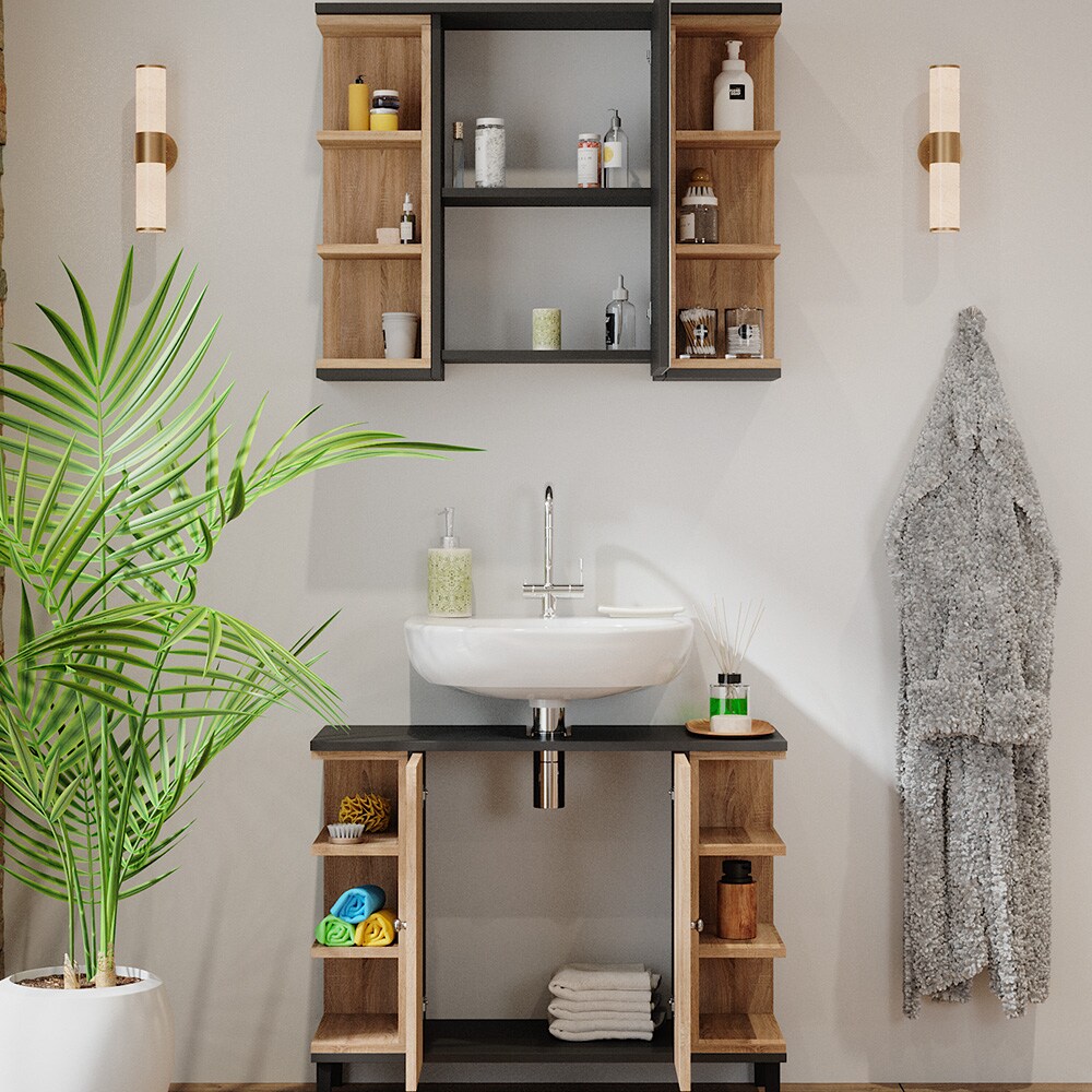 Vicco Badmöbel-Set Aquis, Sonoma Anthrazit, Badezimmer, moderne Badserie, Waschtischunterschrank, Spiegelschrank