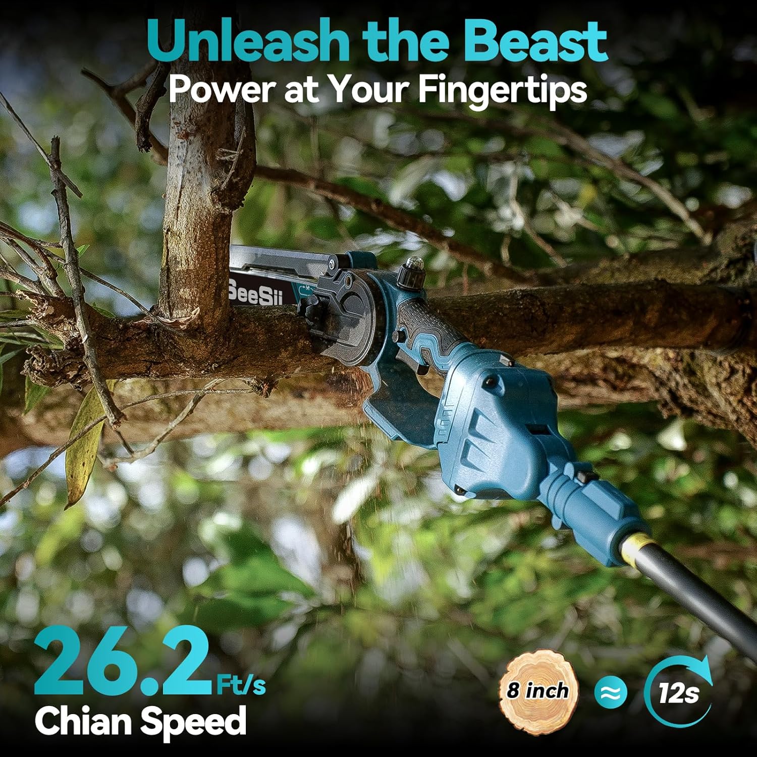 SEESII 2-in-1 Akku Astsäge & Mini Kettensäge mit 2×4000mAh Akkus, 8 Zoll Bürstenlose Kettensäge mit Teleskopstange, Ausziehbar bis 4,5m für Baumschnitt, Astschnitt und Gartenpflege