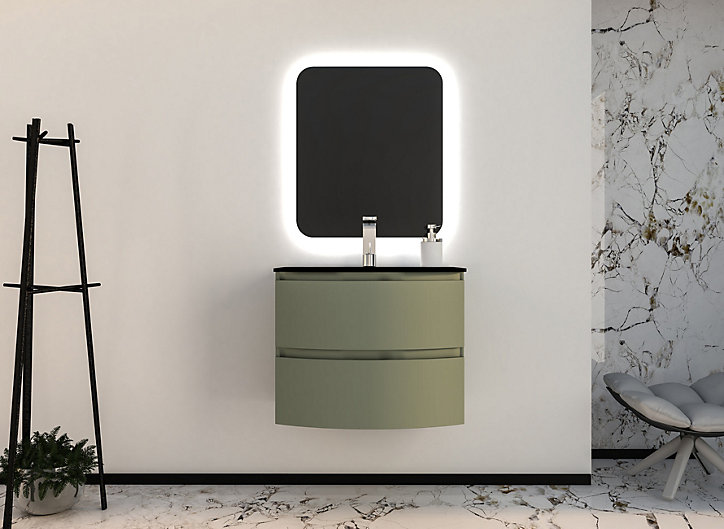 Ensemble Vague L.70 cm meuble sous vasque kaki mat + plan vasque verre noir mat