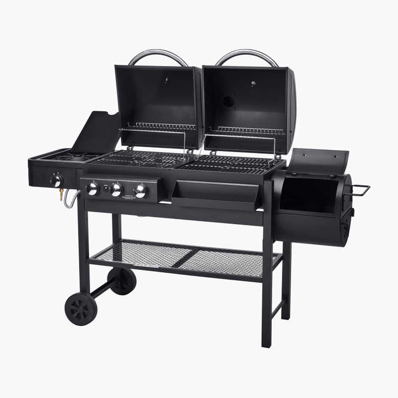 Kombigrill, gass, kull og røyk