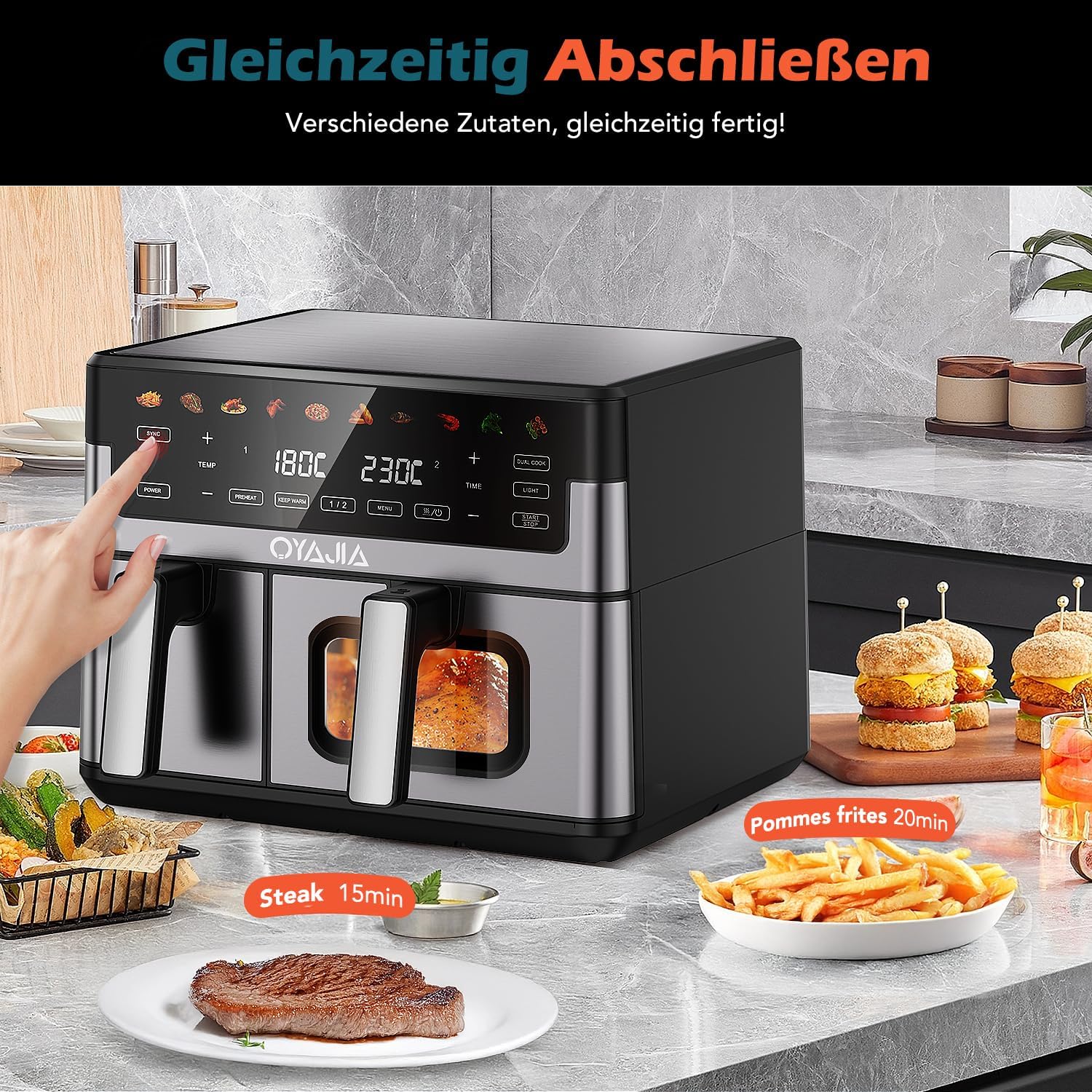 Airfryer Dual Basket 10L 2 Körbe 2 Gerichte Gleichzeitig Fertig Weniger Fett Energieeffizient Einfache Reinigung Airfryer - Digitaler Touchscreen Beleuchtetes Sichtfenster Silber&Schwarz