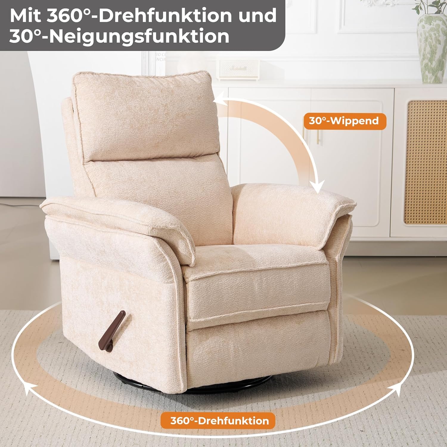 Fernsehsessel Relaxsessel mit Liegefunktion,360°Drehbarer TV Sessel Wohnzimmer, Schaukelstuhl mit Verstellbarer Kopfstütze,Dicke Rückenlehne und Armlehne,Seitentaschen,beige