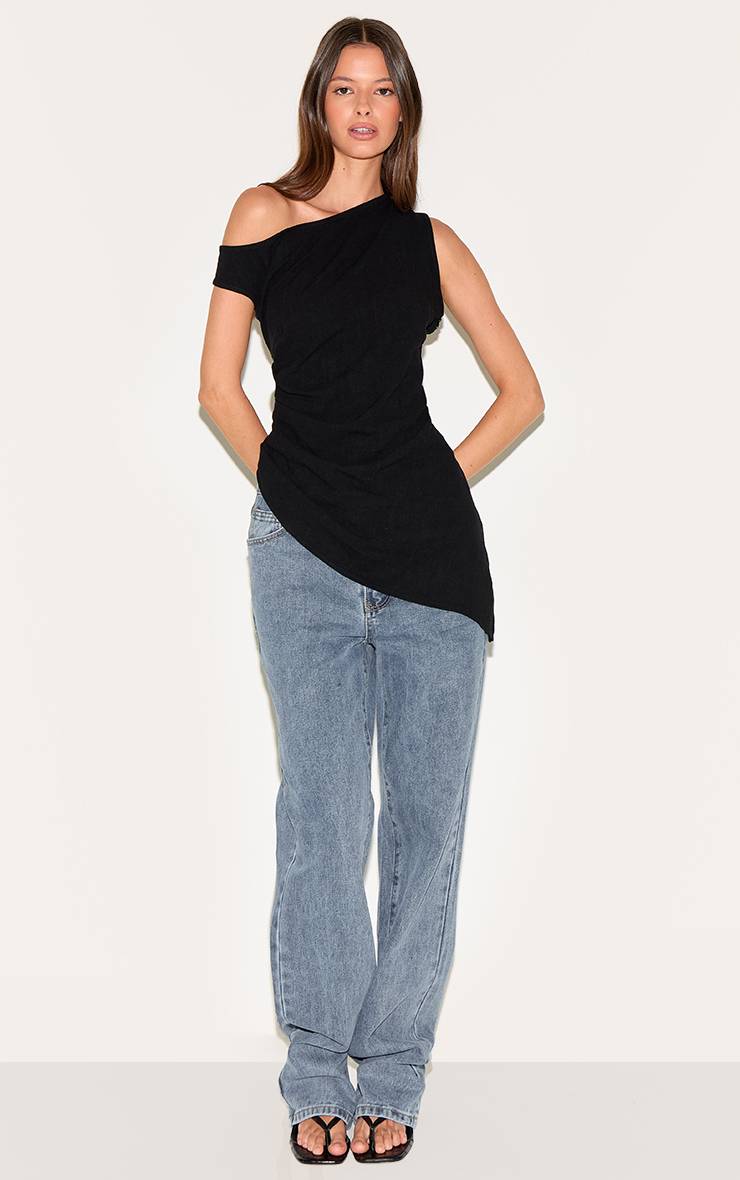 Noir Haut Asymétrique À Une Épaule Aspect Lin
