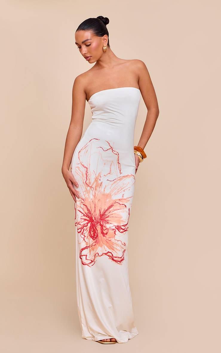 Cream Floral Robe Maxi À Bandeau Imprimée