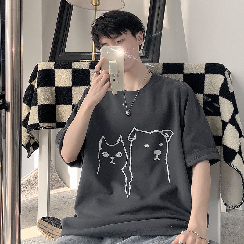 fluffush - T-shirt met ronde hals en dierenprint, met elleboogmouwen