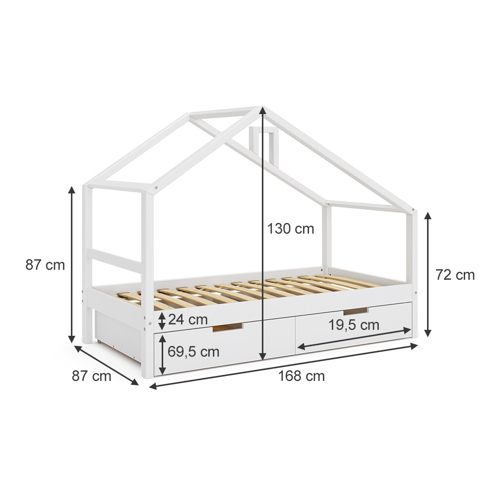 VitaliSpa Kinderbett Lori 160x80cm Weiß Hausbett inkl. Matratze & Schublade