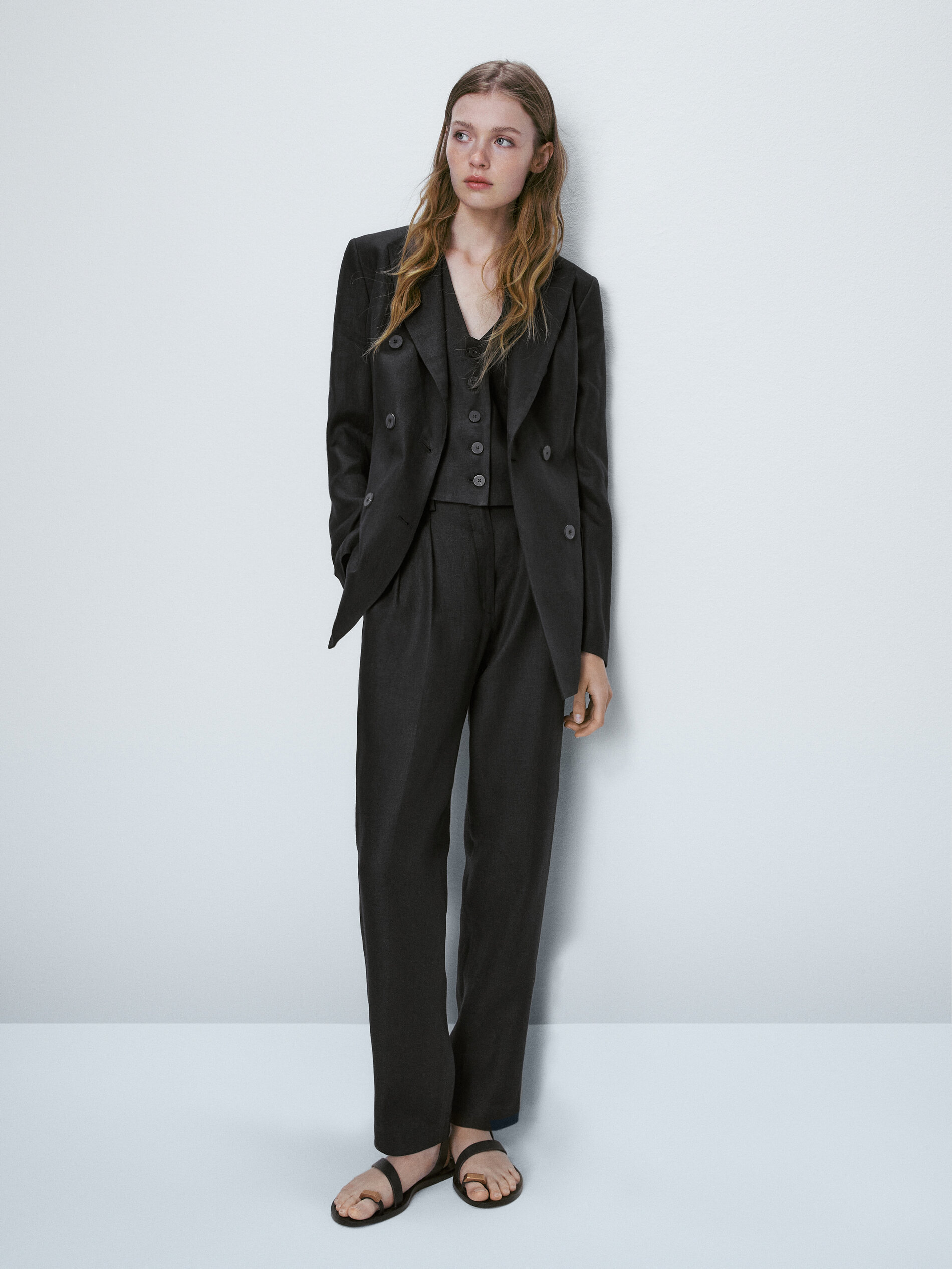 Americana traje cruzado 100% lino - NEGRO