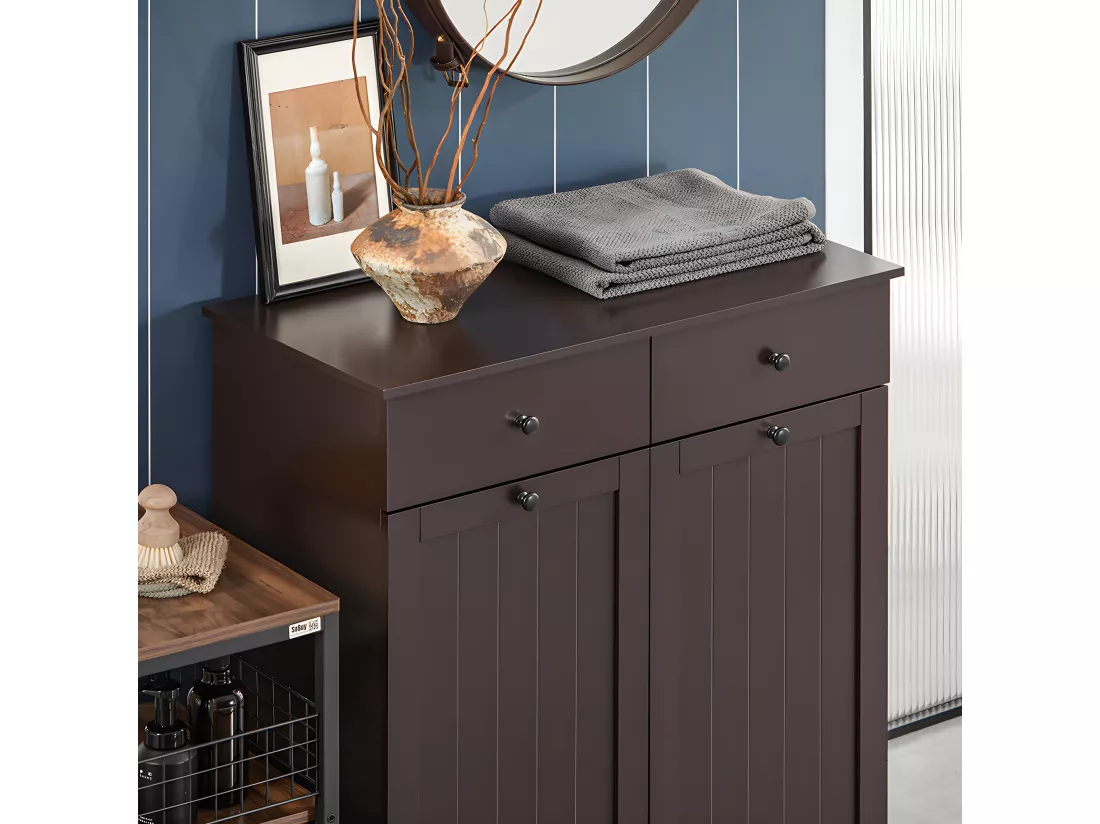 SoBuy Meuble Bas de Salle de Bain Armoire Toilette avec 2 Tiroirs et 2 Paniers à Linge Meuble de Rangement Coffre à Linge L78xP38xH91cm, Marron, BZR33-BR