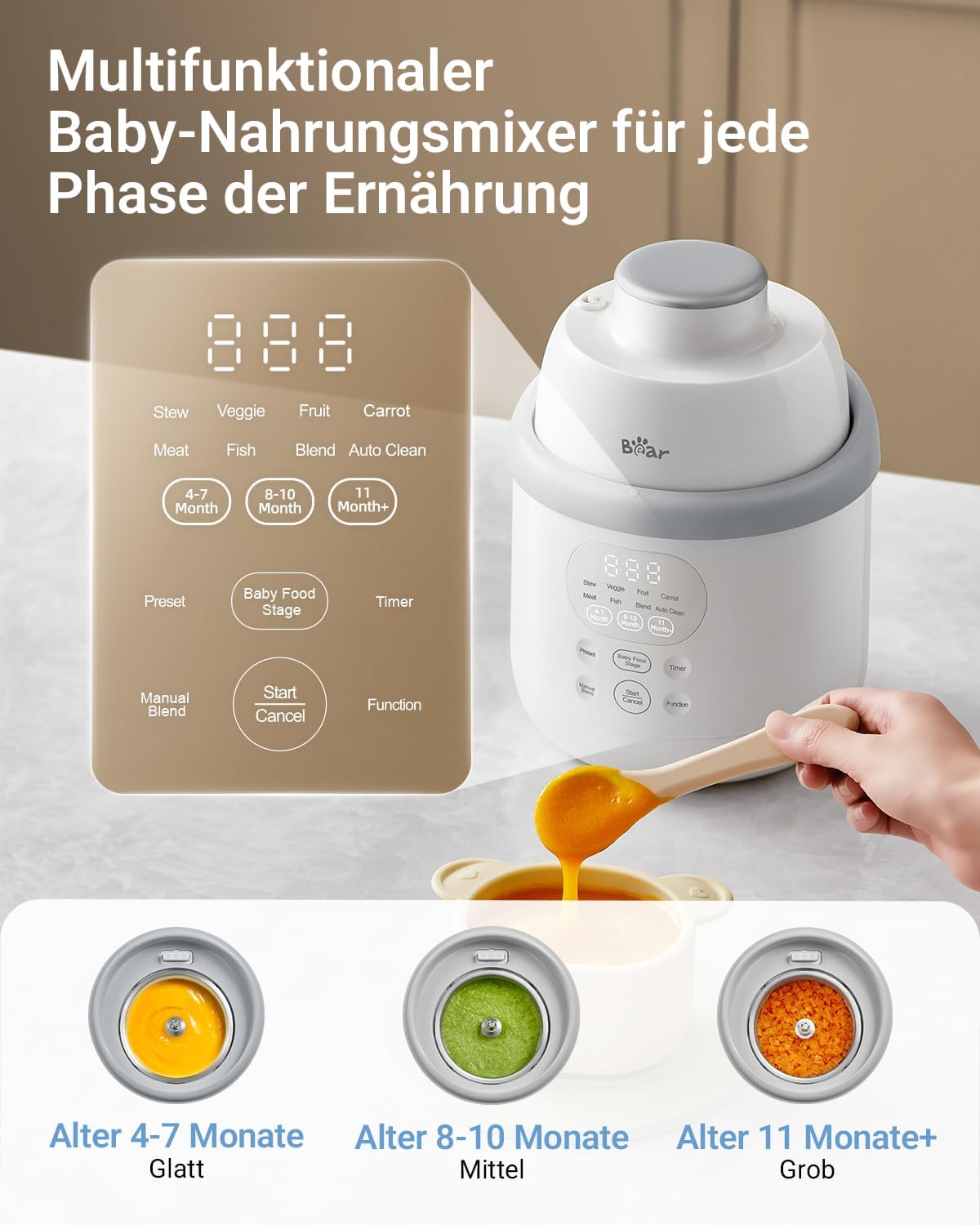 Bear Babynahrungszubereiter NutriEase AllStage Edelstahl, OneStep Baby Food Maker Babybrei-Zubereiter, Automatisches Kochen & Zerkleinern für gesunde hausgemachte Babynahrung, BPA-frei
