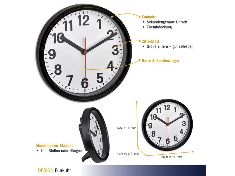 TFA Dostmann Funk-Wanduhr Analog Schwarz Analoge Funk-Wanduhr