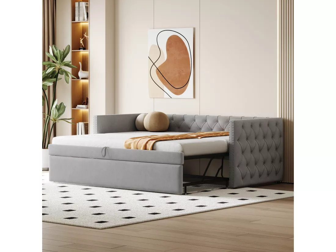 Lit gigogne 90/180 x 200 cm avec tête de lit - Velours doux - sommier à lattes - gris clair (sans matelas)