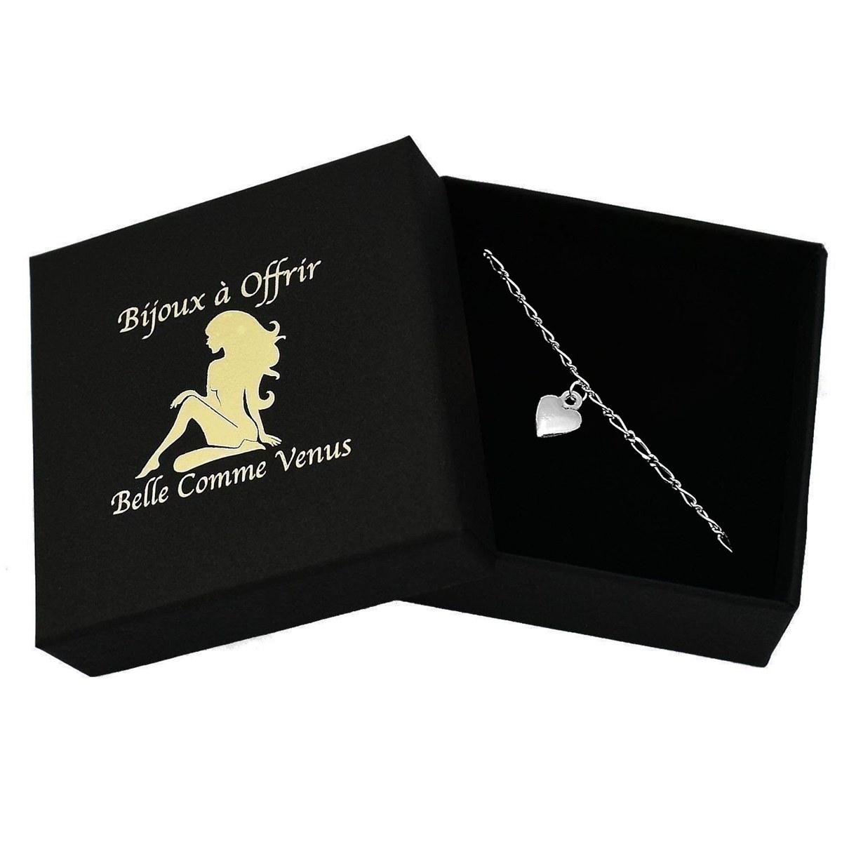 Chaîne de cheville coeur pendant maille figaro Argent 925 Rhodié