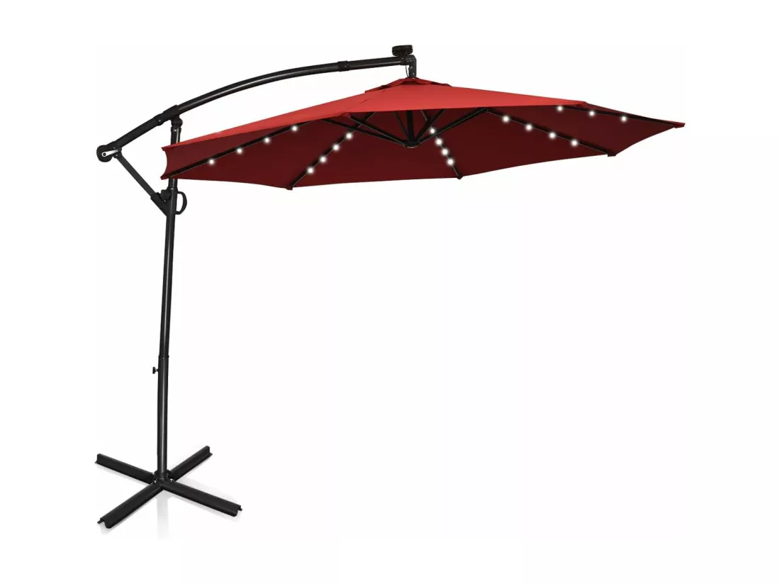 Parasol Déporté Exterieur Lumières LED Solaires 3M, Parasol de Marché à 8 Côtes en Aluminium, Réglages d'Inclinaison Rotation, Manivelle, Base Croisée, pour Jardin Terrasse Rouge