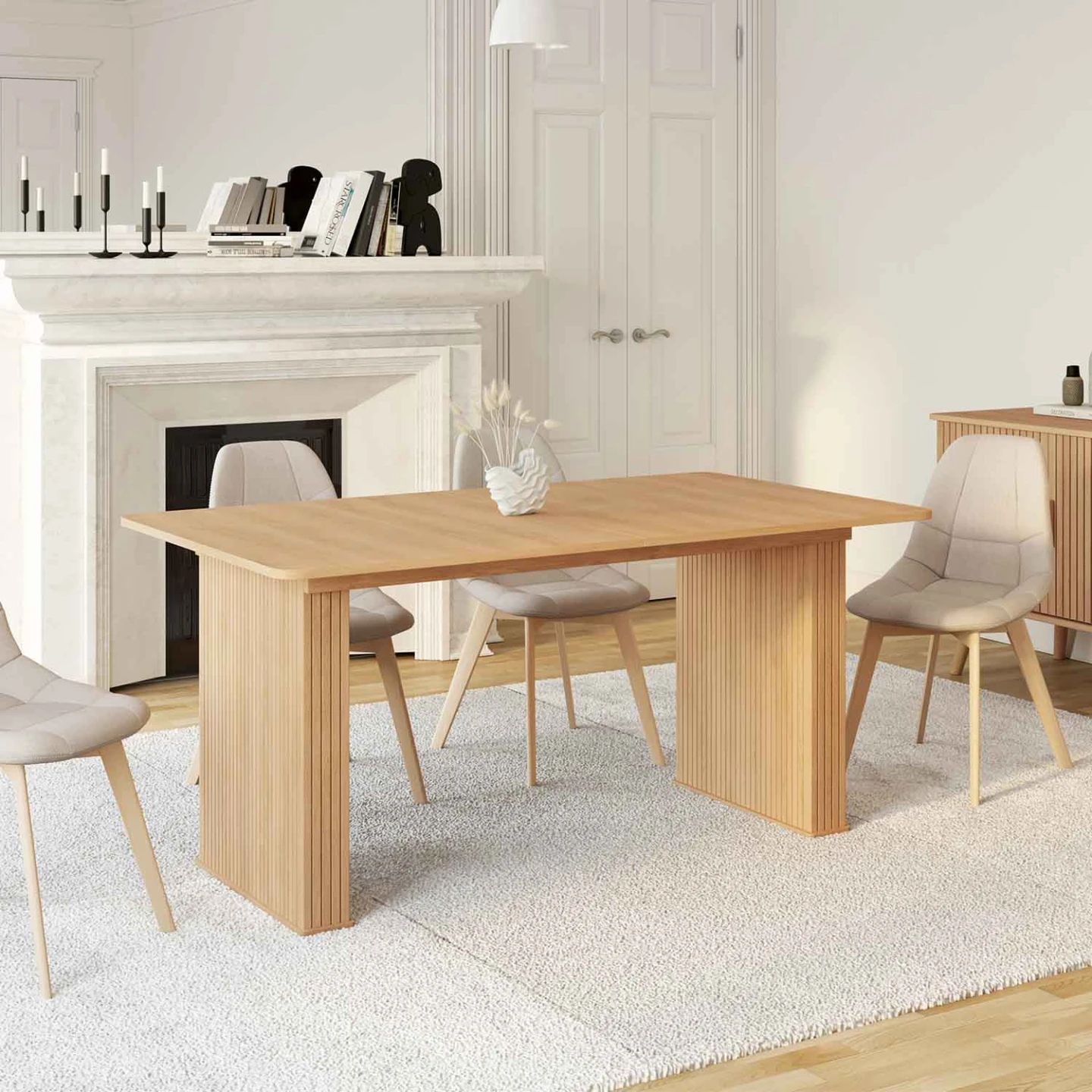 Table à manger extensible rectangle JULIETTE 6-10 personnes pieds lattes tasseau bois coloris chêne 160-200cm