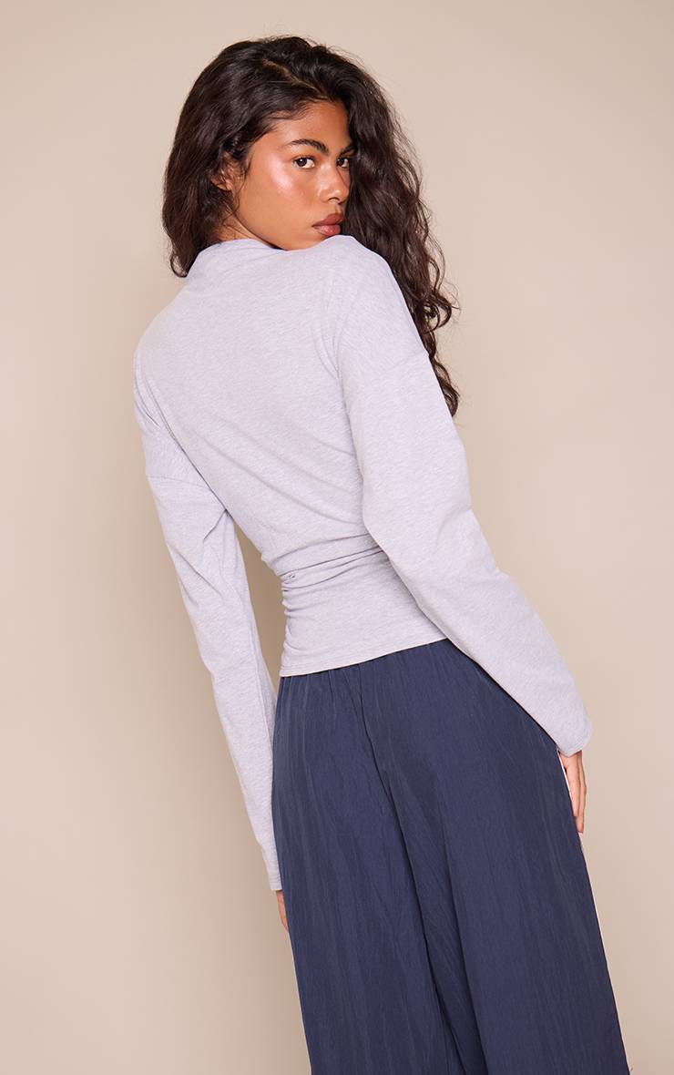 Gris T-shirt À Manches Longues Froncé Avec Détail D'épaule En Coton