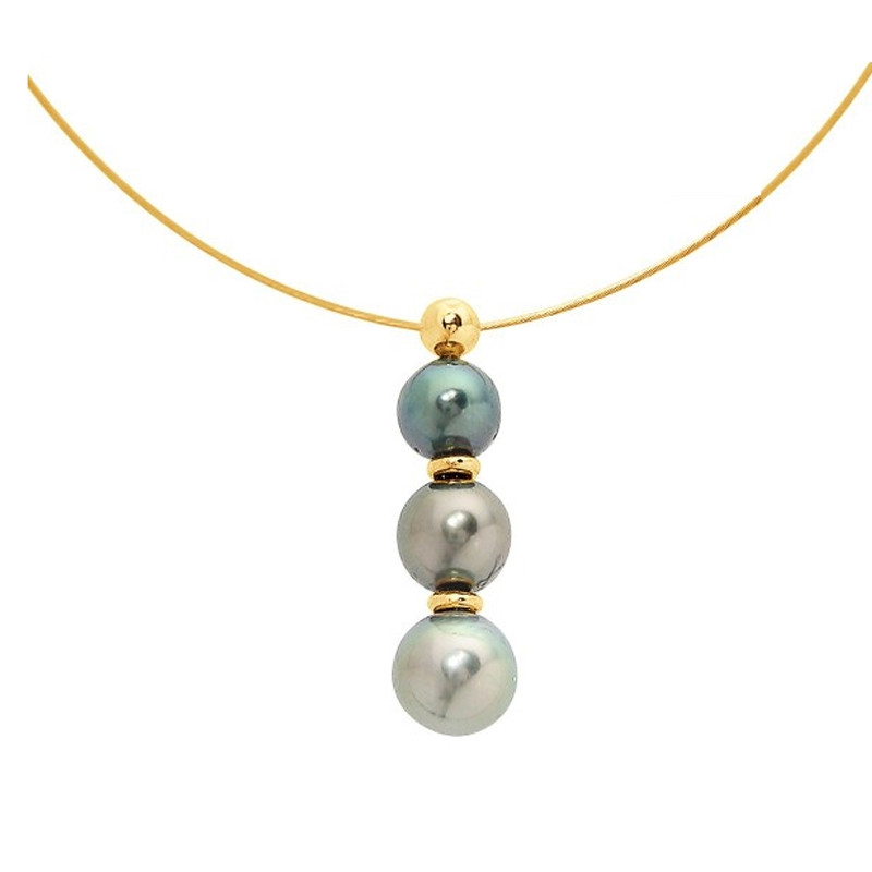 Collier Cable Ras du cou Femme en Or Jaune 750/1000 et 3 Perles de Tahiti
