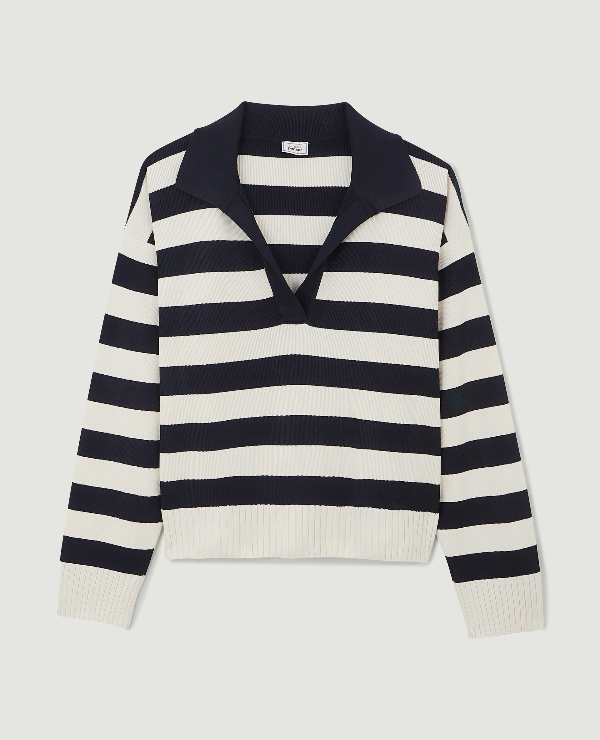 Pull col polo motif rayures - Blanc