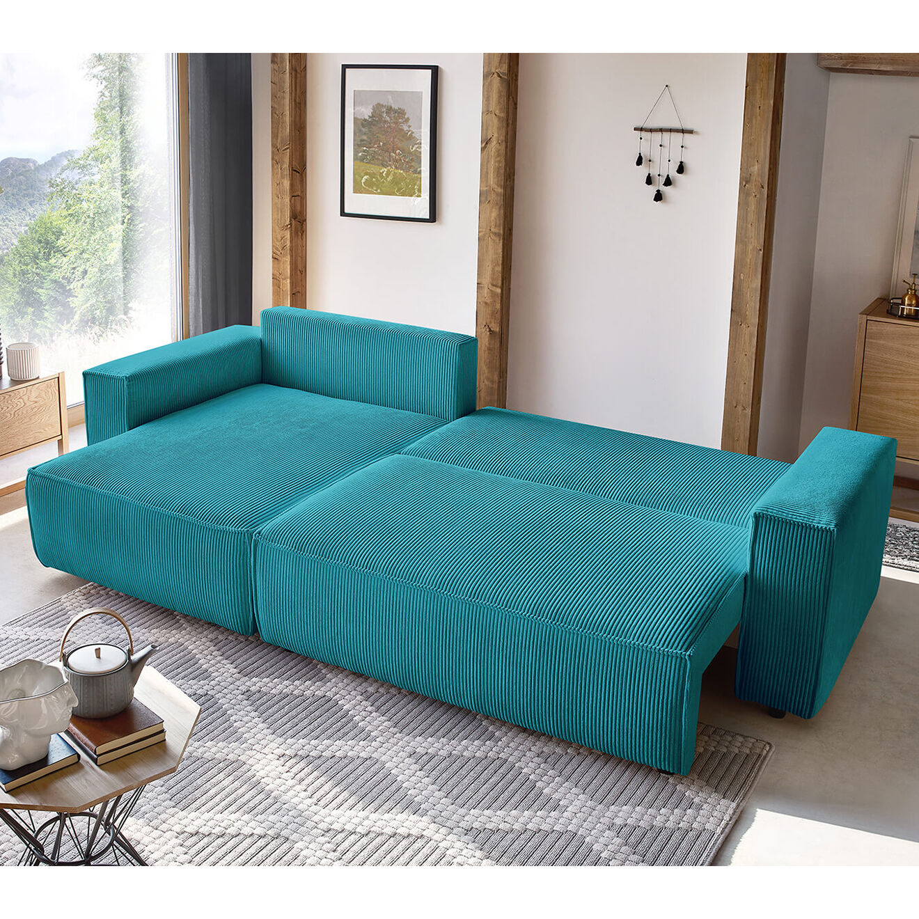 Bobochic Canapé d'angle convertible reversible Nihad en velours côtelé bleu foncé - 282x153 cm