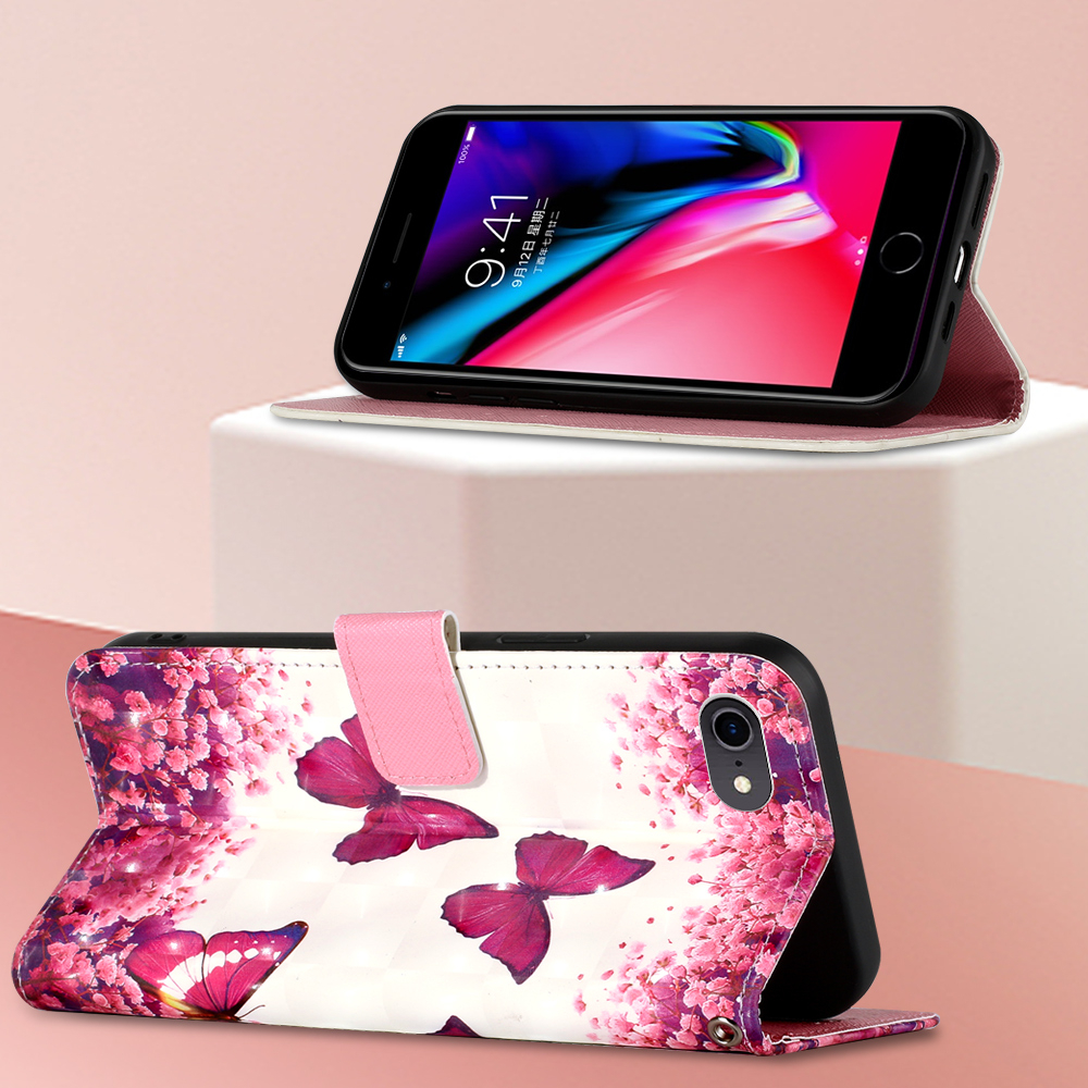 iPhone SE (2022/2020) / 8 / 7 / 6S Leder Tasche Schmetterlinge - Pink