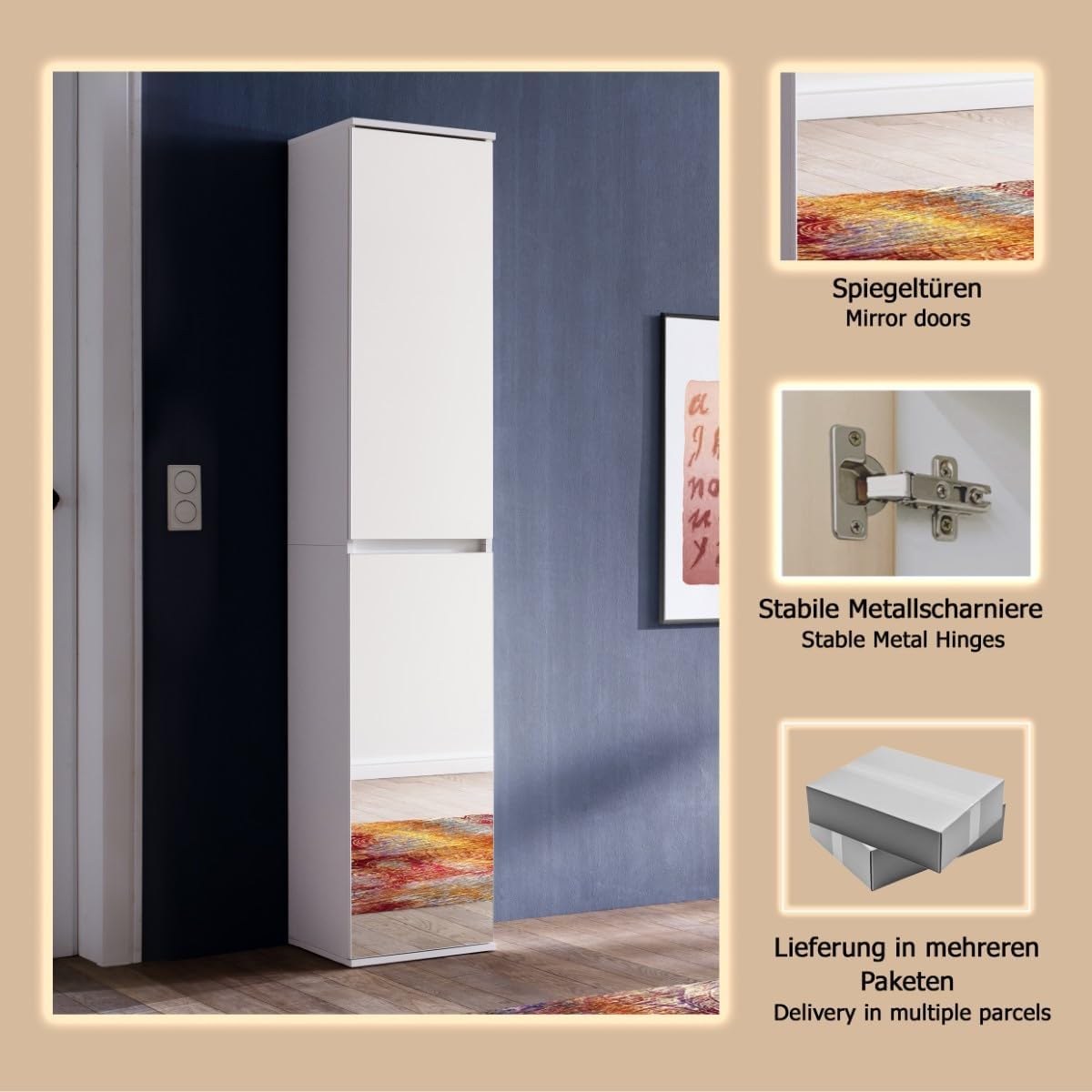 trendteam smart living - Mirror - Garderobenschrank - Weiß - Mehrzweckschrank mit reichlich Stauraum - (BxHxT) 37 x 191 x 34 cm - 7 Einlegeböden - Kratzfest