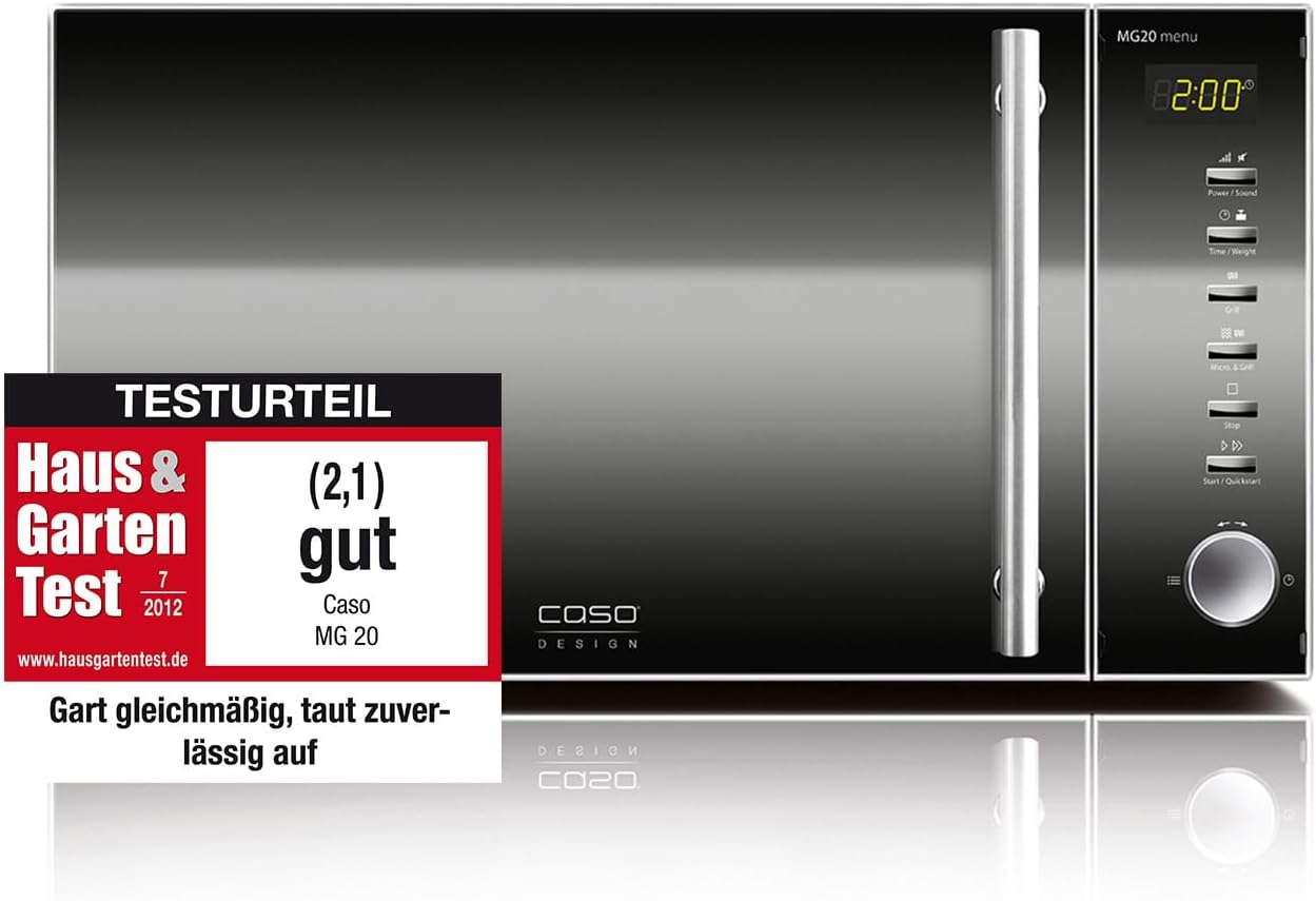 Caso | MG20 menu 2-in-1 Mikrowelle mit Grill | 800 W, Grill 1000W, 2 Kombiprogramme + 14 Koch-Programme, Design Edelstahl und verspiegelt ,20L,Edelstahl