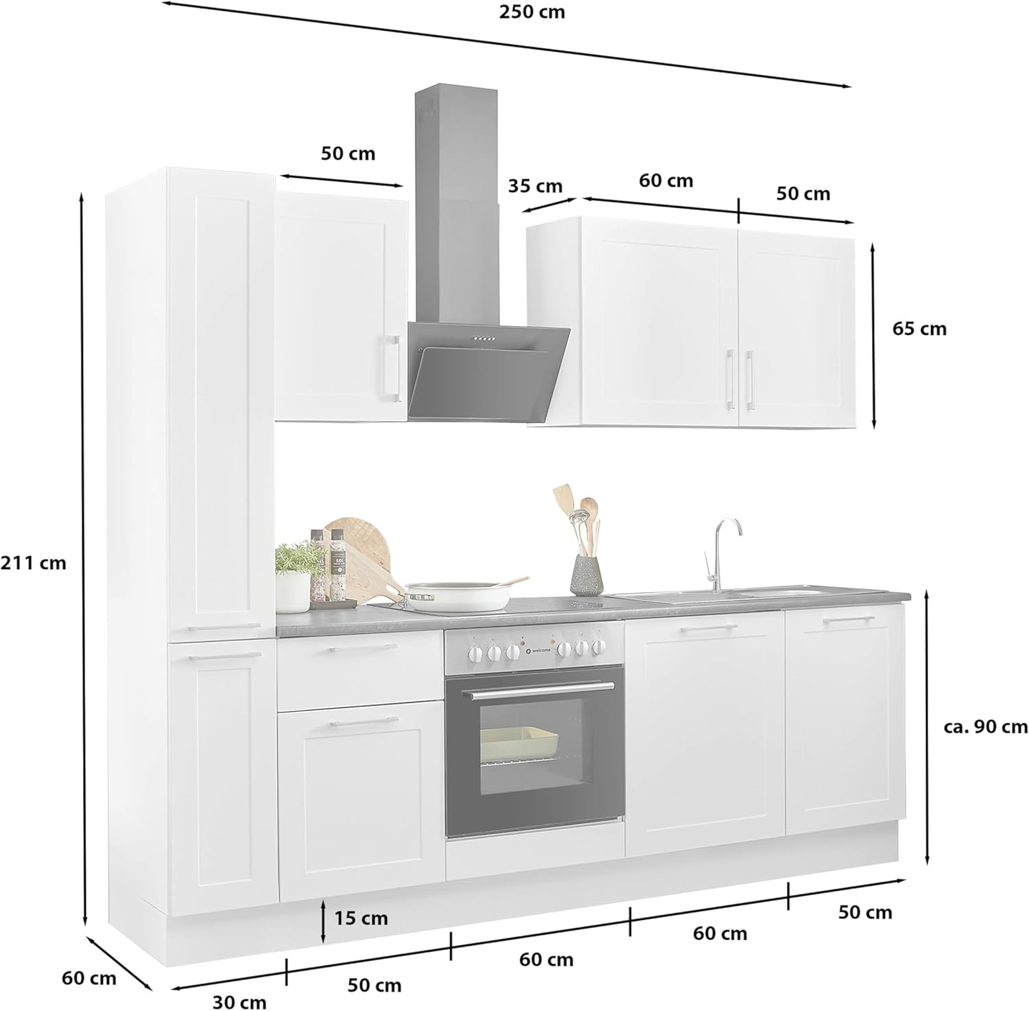 Marseille Moderne Küchenzeile ohne Elektrogeräte in Weiß, Metallic Braun - Geräumige Einbauküche mit viel Stauraum - 250 x 211 x 60 cm (B/H/T)