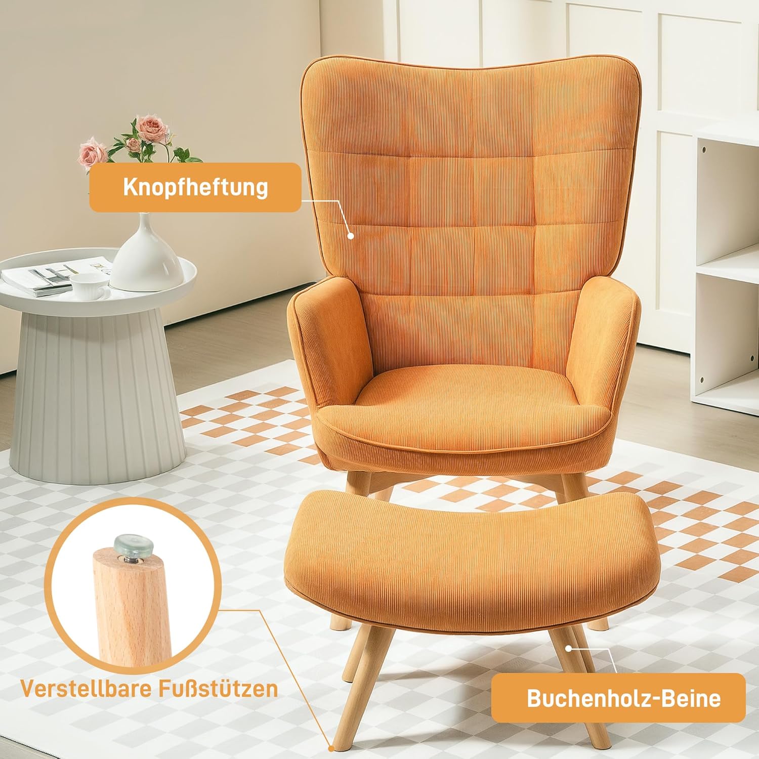 HOMCOM Ohrensessel mit Hocker Sessel Loungesessel mit Cord-Optik, Modern Relaxsessel, Armlehnensessel Lesesessel für Wohnzimmer, Schlafzimmer, Braun