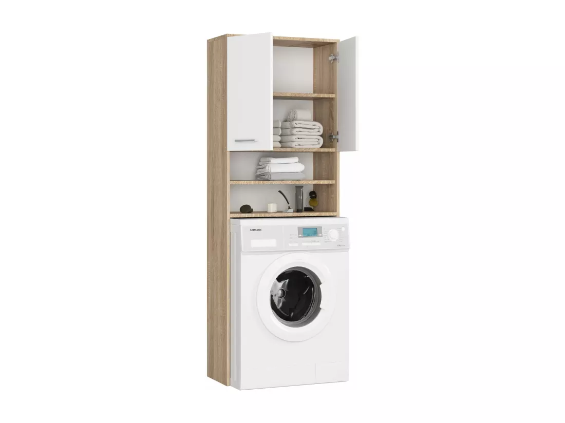 meuble machine a laver 2 portes blanc bois 4 étagères 64x30x180 cm