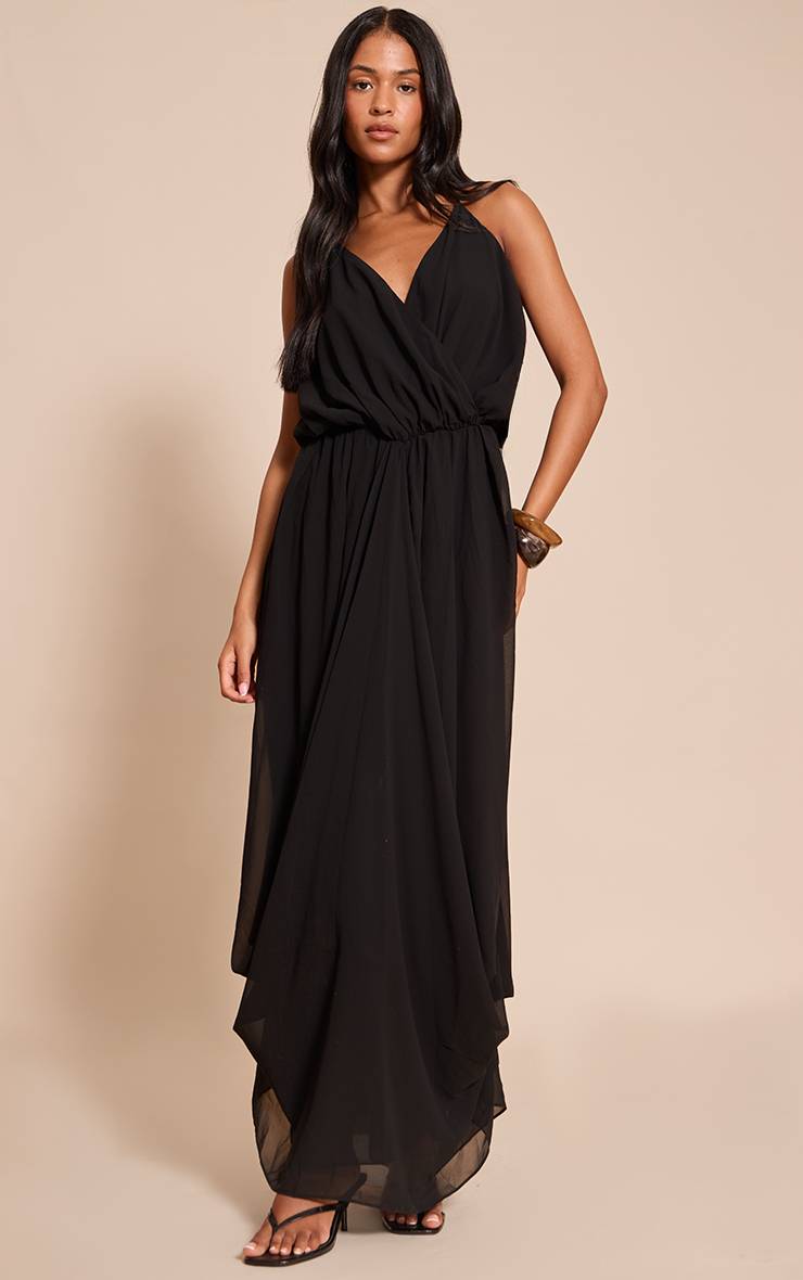 Noir Robe Longue Fluide En Mousseline De Soie Avec Col En V Drapé Pour Grande Taille