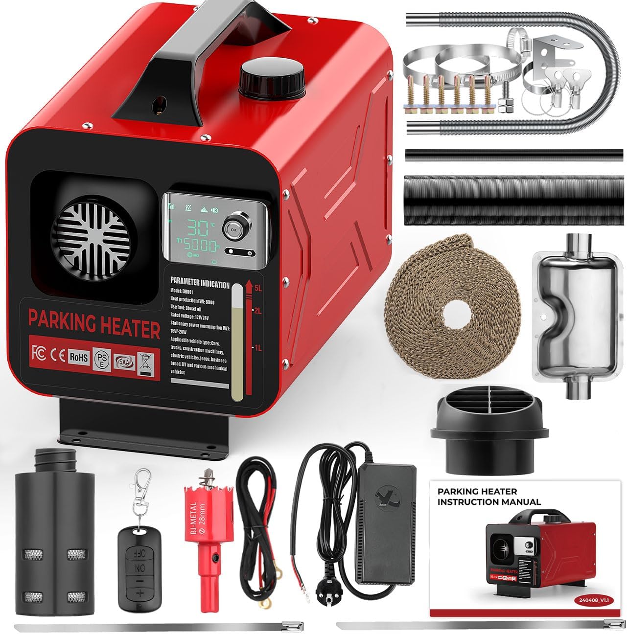 8KW 12V&24V& 230V Standheizung Dieselheizung, Diesel-Luftheizung All-in-One mit Fernbedienung & LCD-Bildschirm, Schnelles Aufheizen, App-Steuerung, Tragbare Diesel Heizung für LKW, Transporter