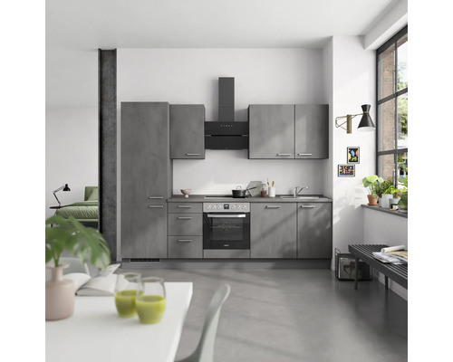 NOBILIA keukenblok met apparatuur, industriële stijl, 270 cm, beton leigrijs mat, voorgemonteerd, linker uitvoering, 4004539018990