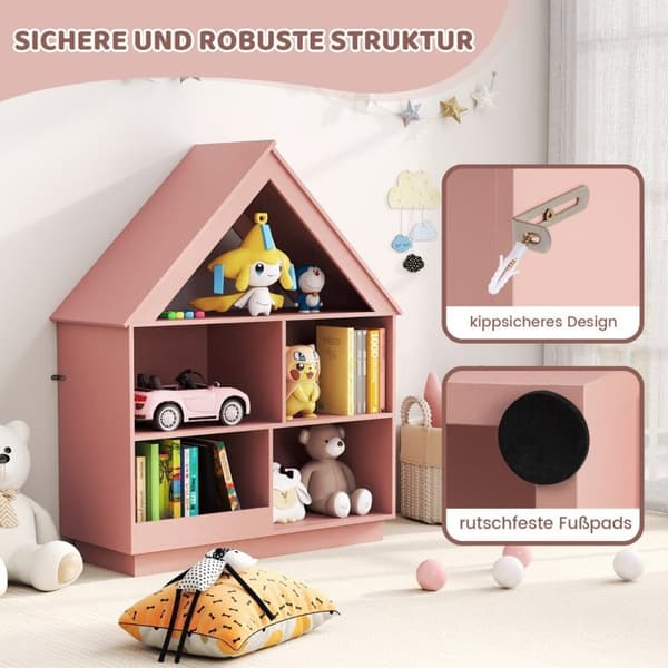 Barnehusformet bokhylle, barnehylle i tre med 5 rom, 88 x 34 x 108 cm, rosa