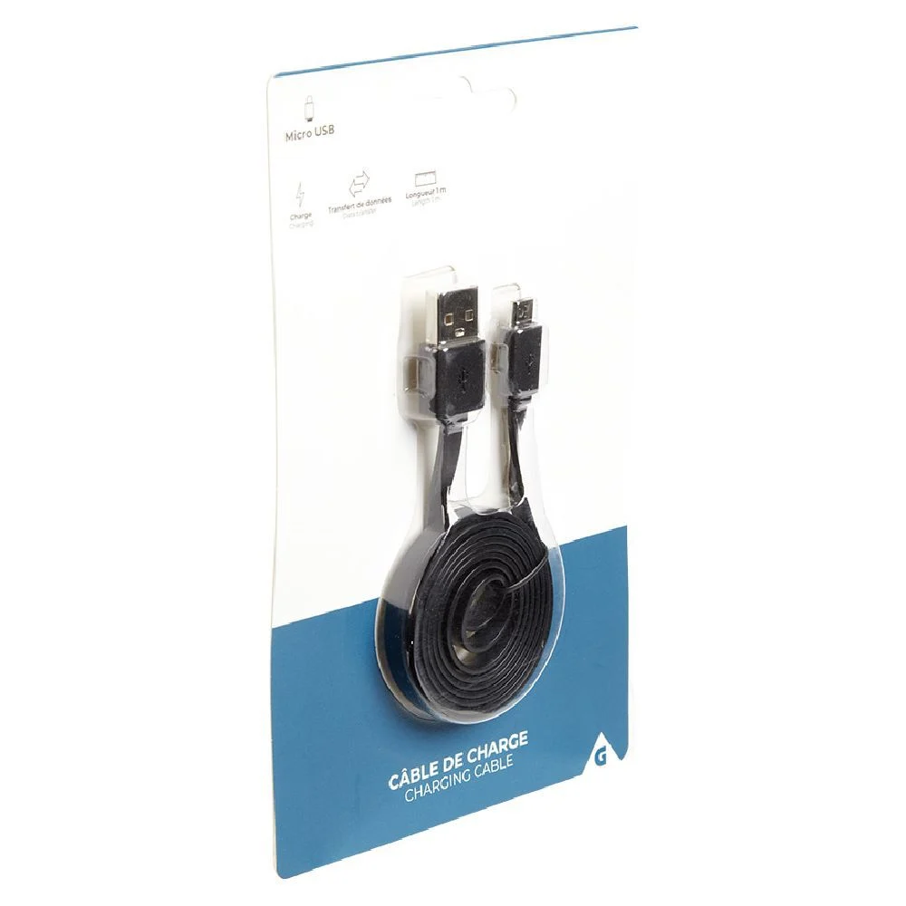 Câble de charge micro USB plat 1 m blanc ou noir