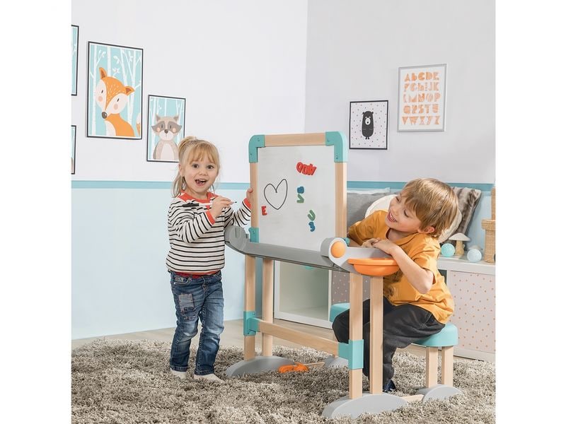 Smoby Holzschchreibtisch 2-in-1 Zusammenklappbarer Schreibtisch mit integrierter Sitzbank und Zubehör