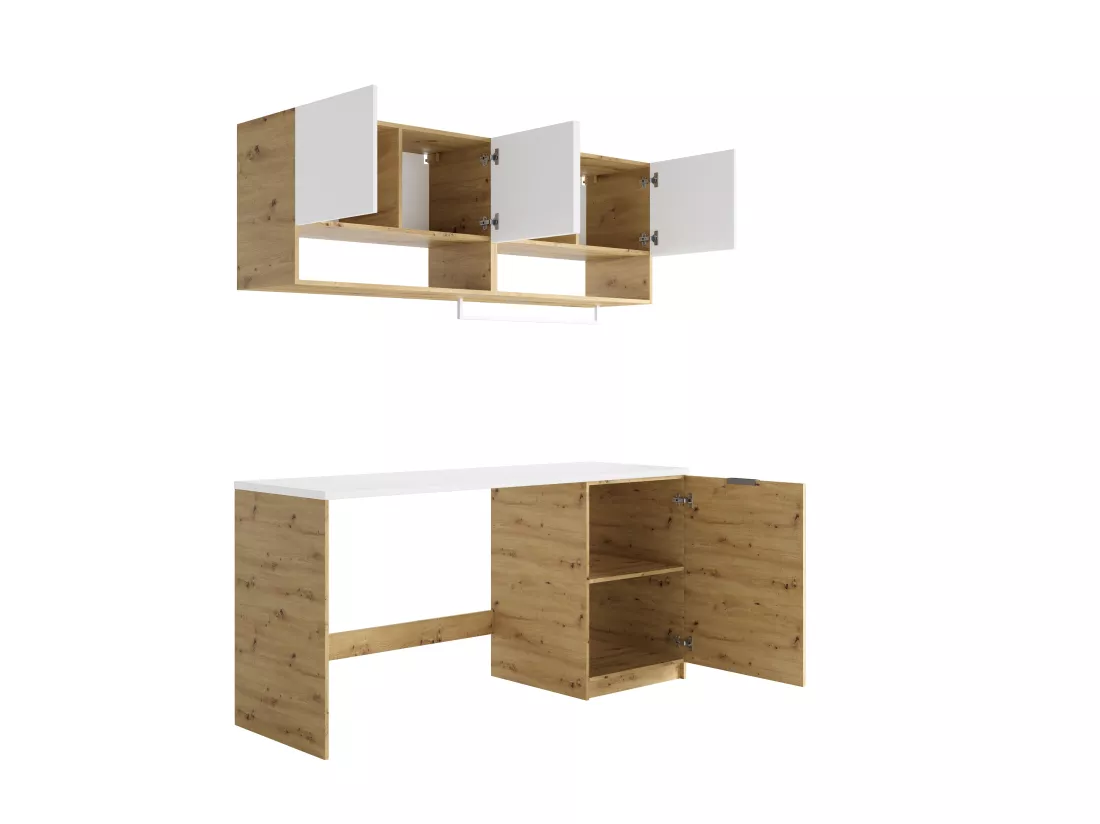 Meubles de buanderie pour machine à laver avec plan de travail - L182 cm - Blanc et naturel clair - NATAJI
